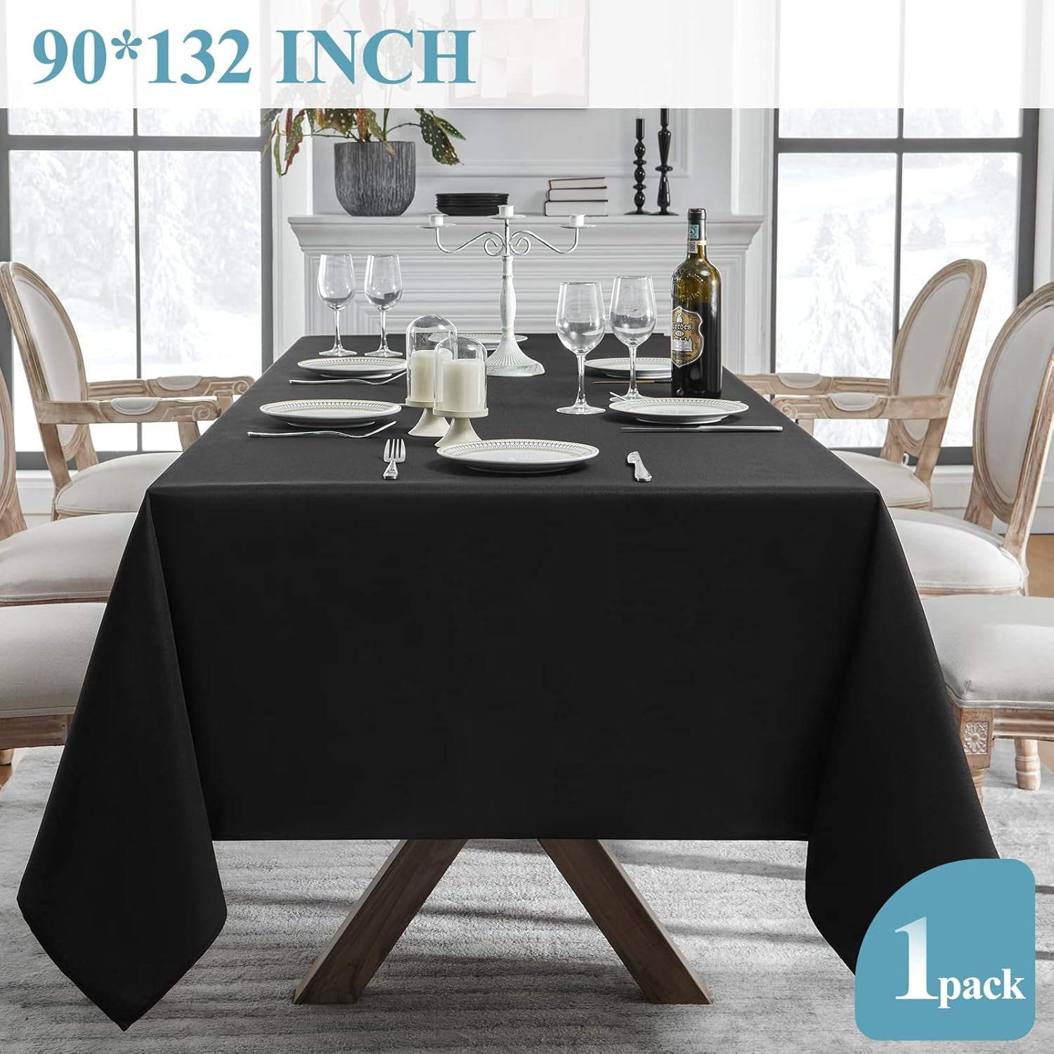 1 Pack Tablecloth 90 * 132Inch Rectangle Table Cloth Polyester, Stain Wrinkle Resistant Polyester Dining Table Cover for Kitchen Dinning Party Wedding Tabletop Buffet Decoration(Black)