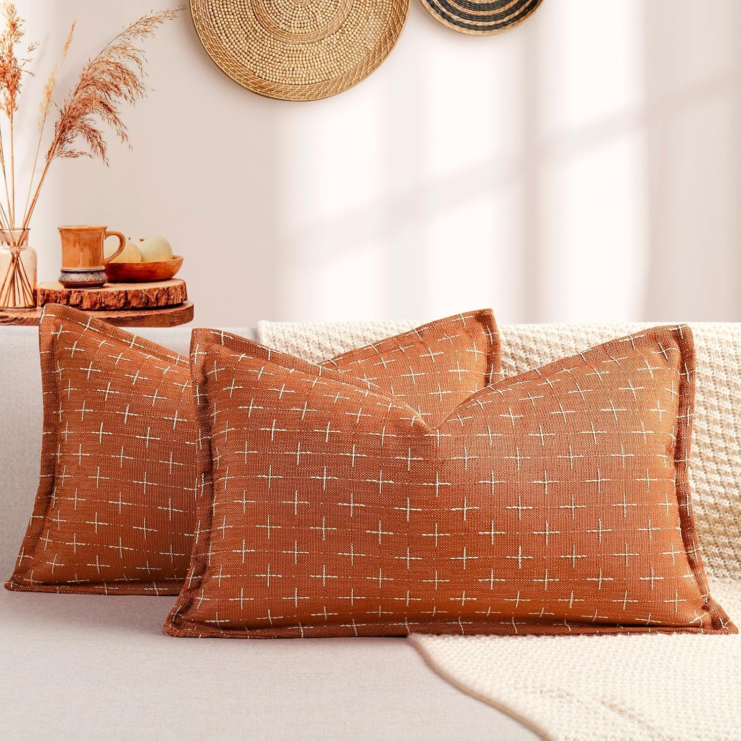 12X20 Pillow Covers Set of 2 Soft Polyester Textured Pillow Covers with Stylish Flange Edge Cozy Farmhouse Throw Pillows for Couch Bed Sofa Living Room