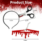 2Pcs Halloween Fake Knife Headband Kits, Vampire Fake Blood Necklace and Fake Scissor Headband, Halloween Zombie Accessories