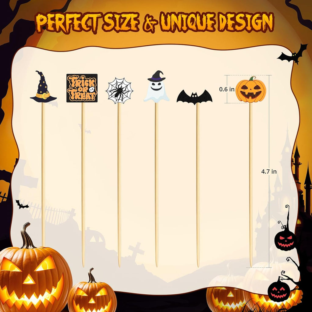 120 Halloween Cocktail Picks, 8 Kind of Bamboo Pumpkin Ghost Spider Hat Bat Eyeball Decorative Toothpicks for Appetizers, 4.7 in Food Sticks Charcuterie Skewers for Halloween Themed Party