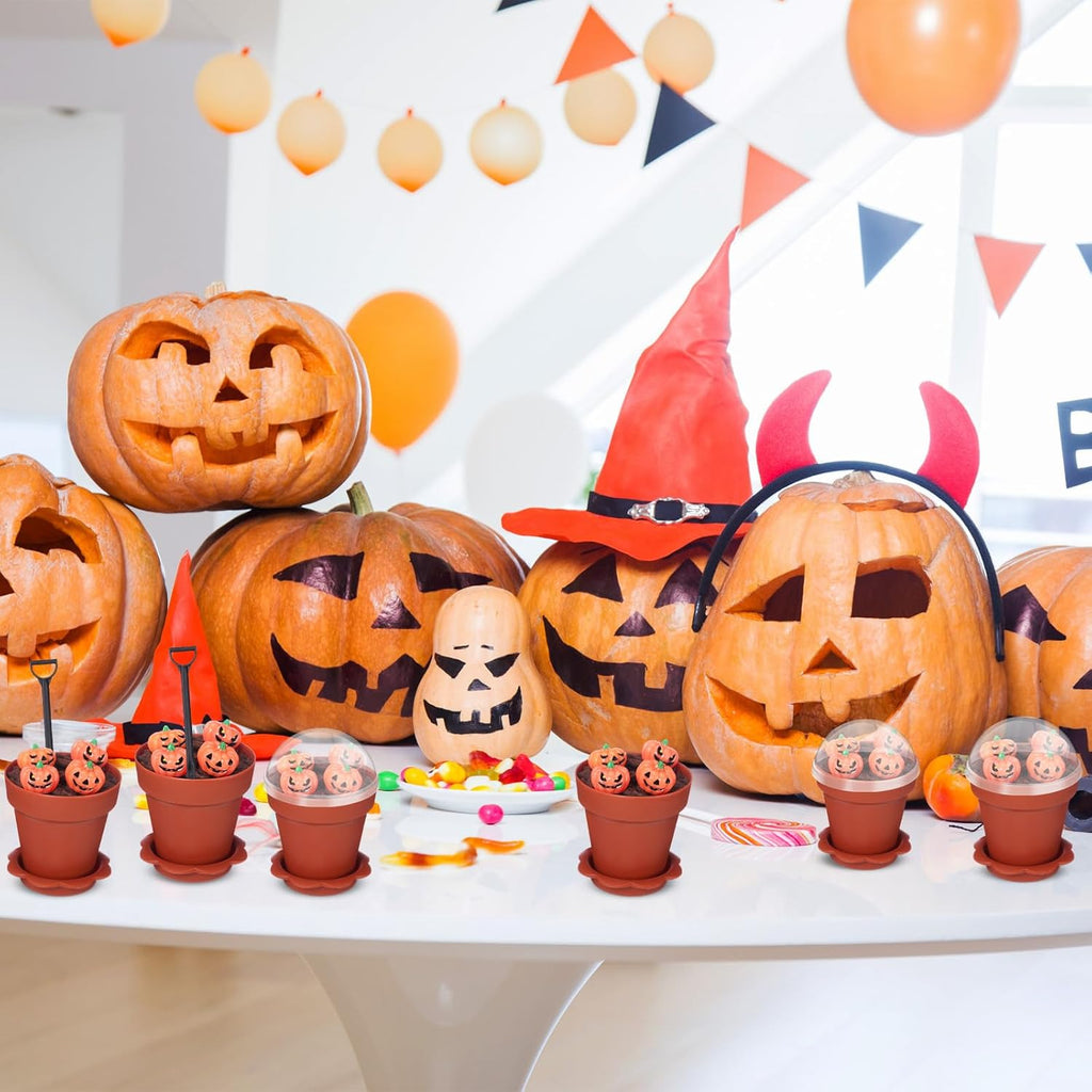 24 Pack Halloween Flowerpot Dessert Cup with Lids and Shovel Spoon Bottom Tray Halloween Cake Decoration Mold Small Flowerpot Cups Dessert Ice Cream Holder for Party DIY Supplies(Pumkin)