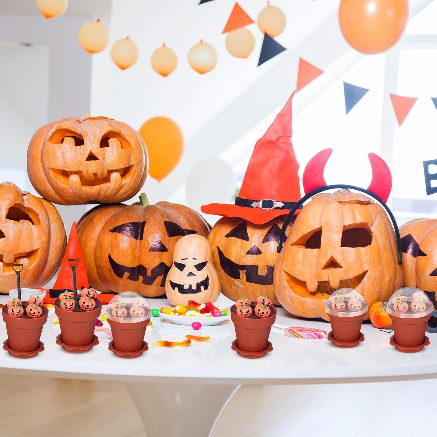 24 Pack Halloween Flowerpot Dessert Cup with Lids and Shovel Spoon Bottom Tray Halloween Cake Decoration Mold Small Flowerpot Cups Dessert Ice Cream Holder for Party DIY Supplies(Pumkin)
