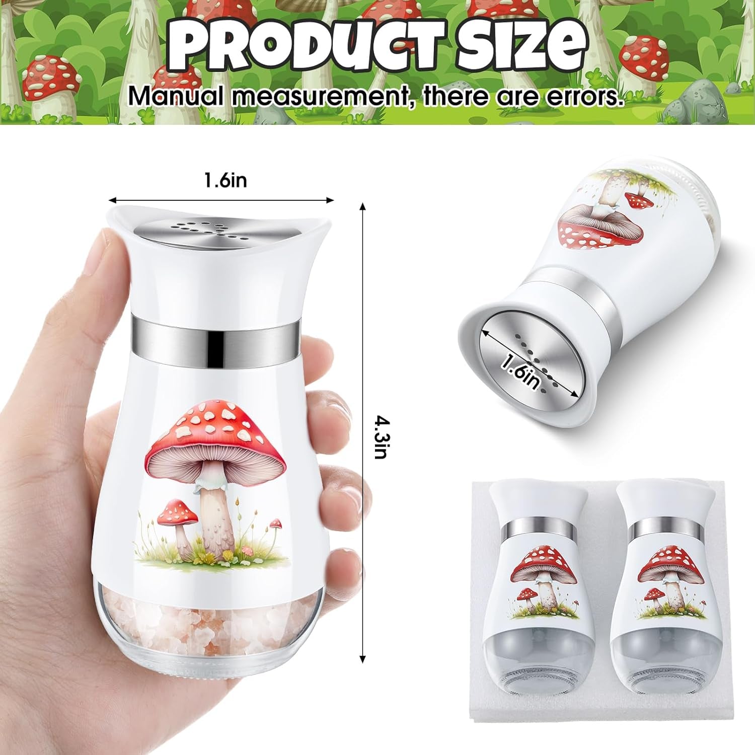 2 Pcs Salt and Pepper Shakers Set Cute Stainless Steel Salt Pepper Containers with Glass Bottle for Kitchen Cooking, BBQ, Bar, Table, RV, Camp (Mushroom)