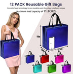12PCS Reusable Gift Bags, 12.6"X5"X11" Large Party Favor Bags with Handles, Blue Green Purple Red Teal Rose for Christmas Birthday Wedding