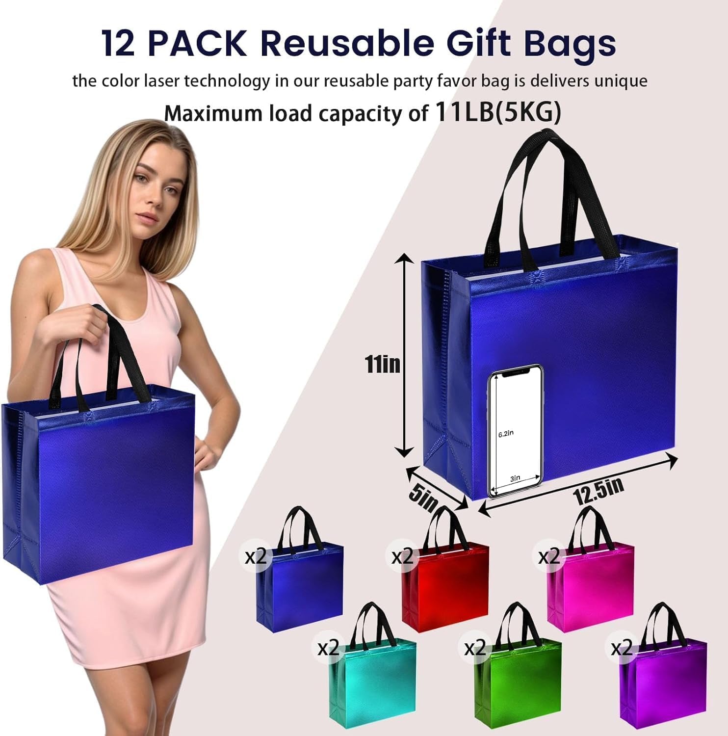 12PCS Reusable Gift Bags, 12.6"X5"X11" Large Party Favor Bags with Handles, Blue Green Purple Red Teal Rose for Christmas Birthday Wedding