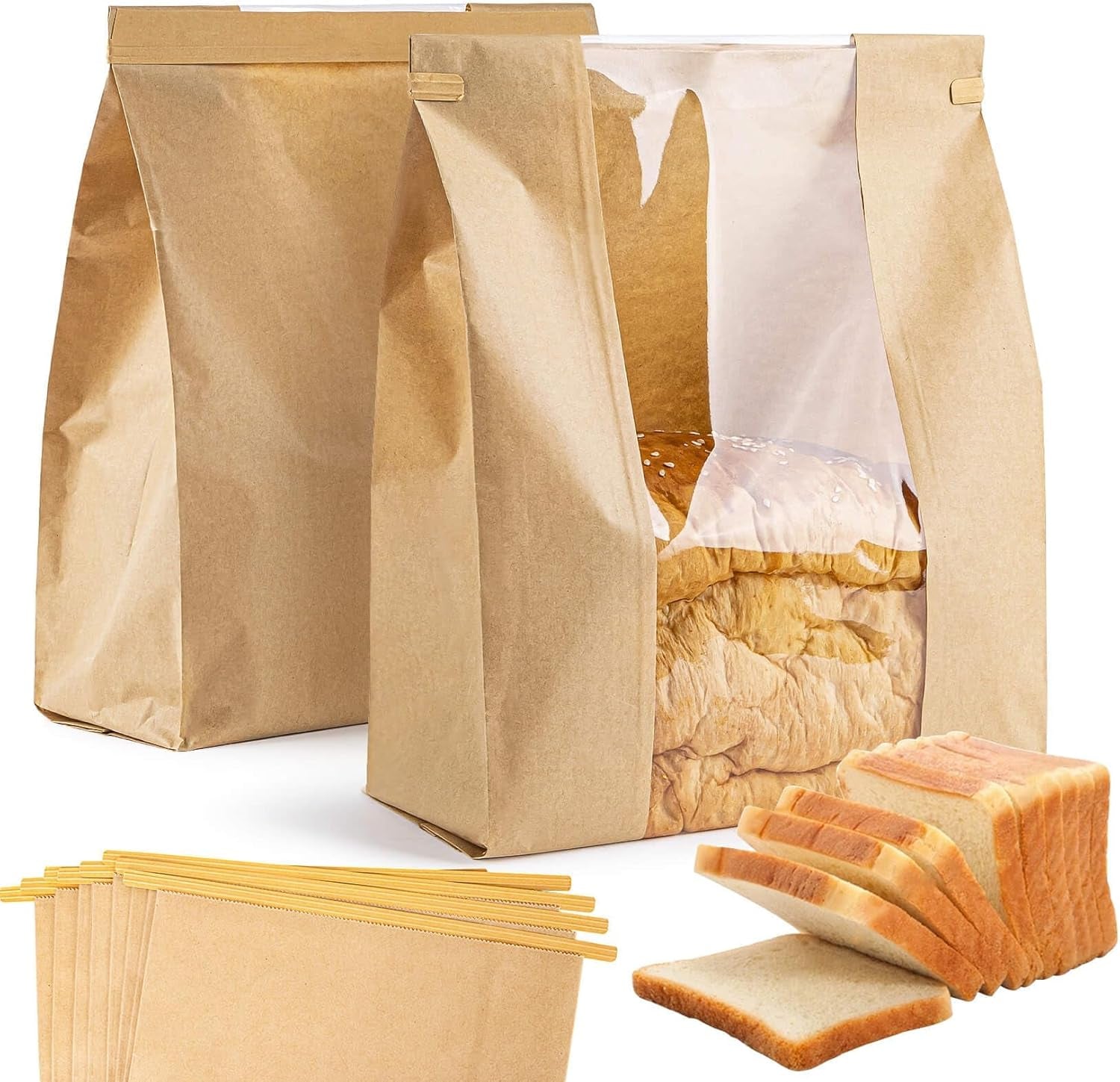 24 Bread Bags with Reusable Ties - Homemade Sourdough Bread Storage Bags Brown Paper Bagel Loaf Bakery Bags with Window Toast Bags with Resealable Ties Disposable Baked Goods Sale Packaging