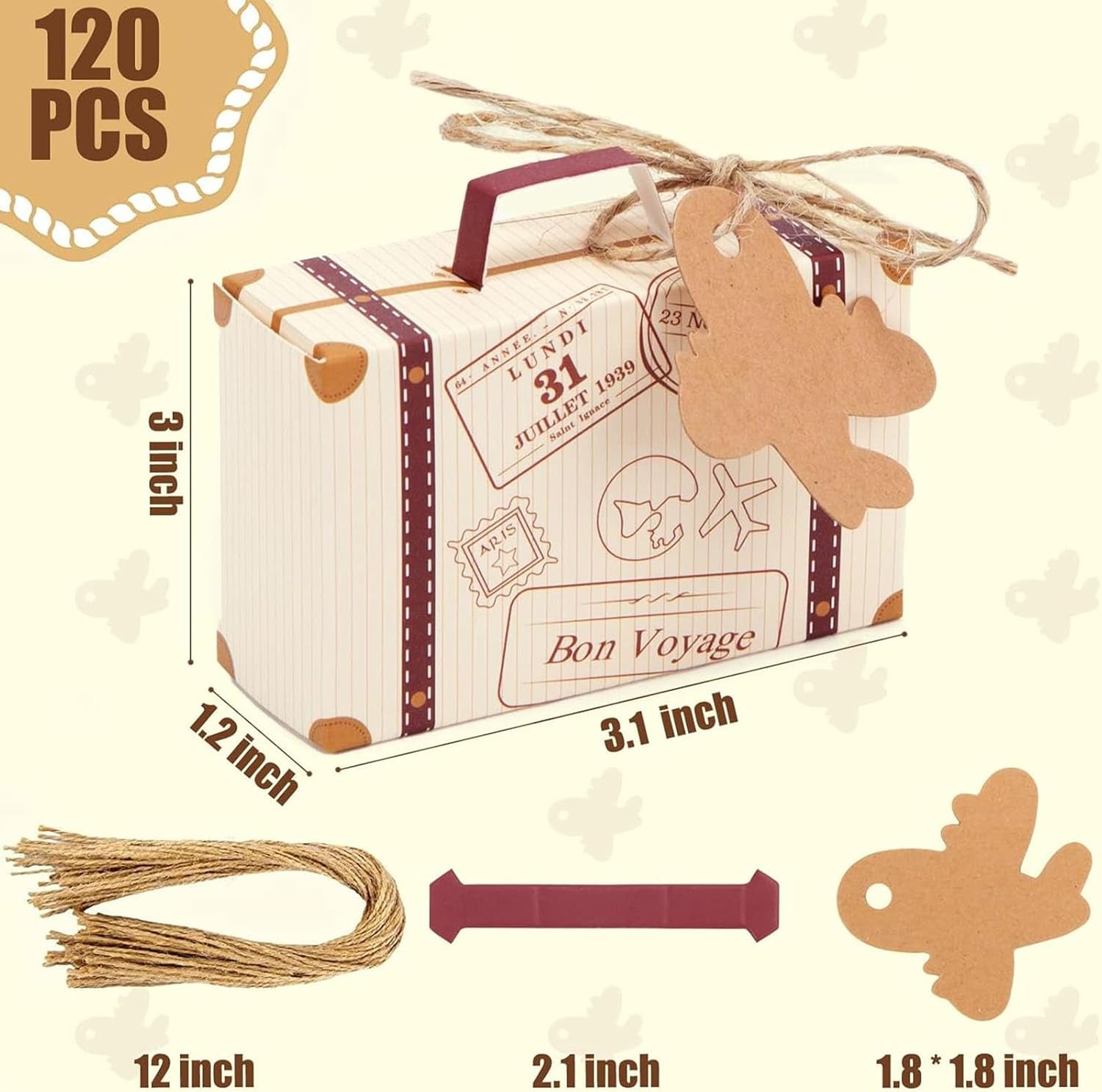 120PCS Mini Suitcase Party Favor Box,Suitcase Favor Boxes, Vintage Kraft Paper with Tags for Wedding/Travel Themed Party/Bridal Shower Decoration