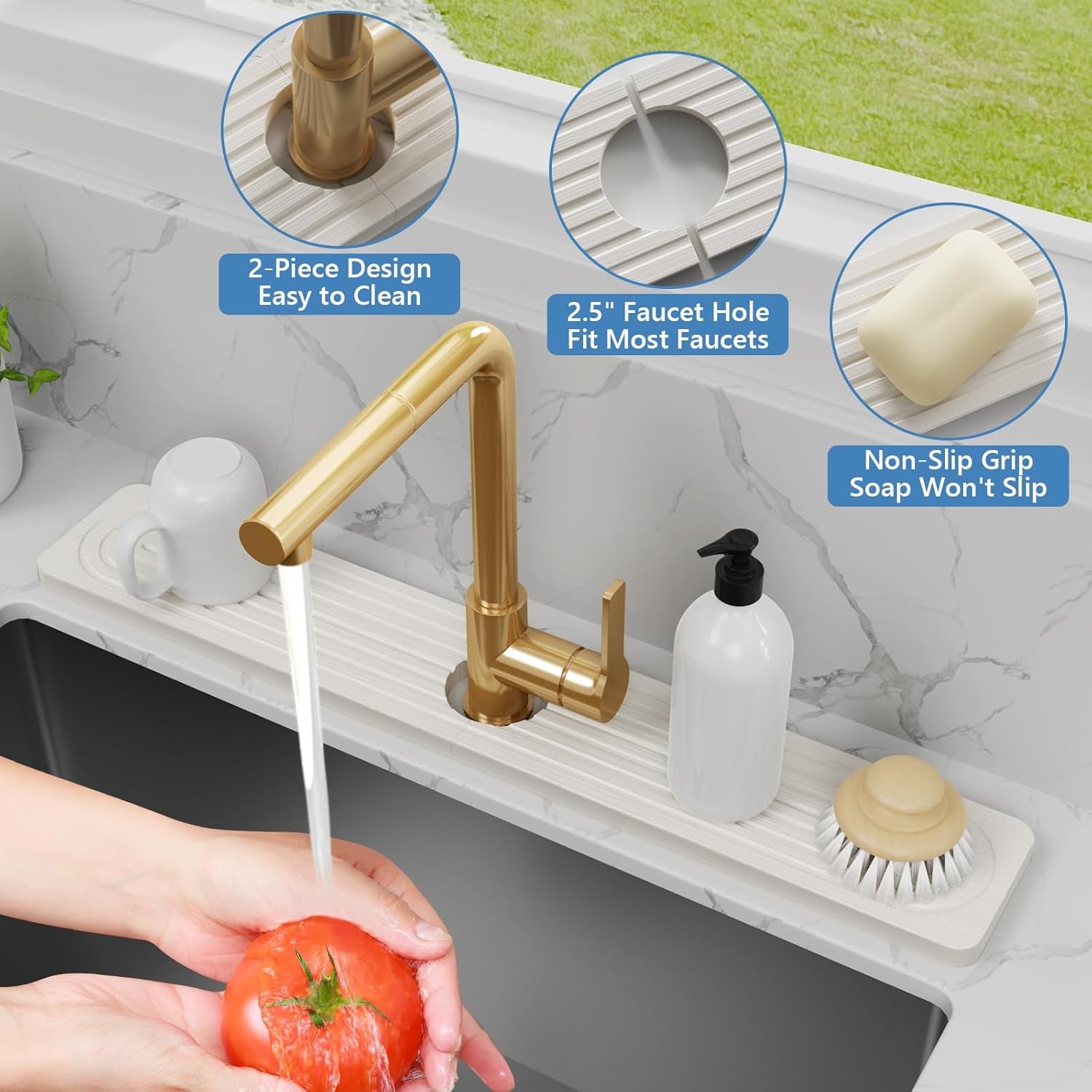 24'' Longer Faucet Mat for Kitchen Sink [Diatomite Stone Super Fast Drying] Stone Faucet Mat for Kitchen Sink Splash Guard Sink Stone Quick Dry around Faucet Stone Drying Mat Bathroom Quick Drying Mat