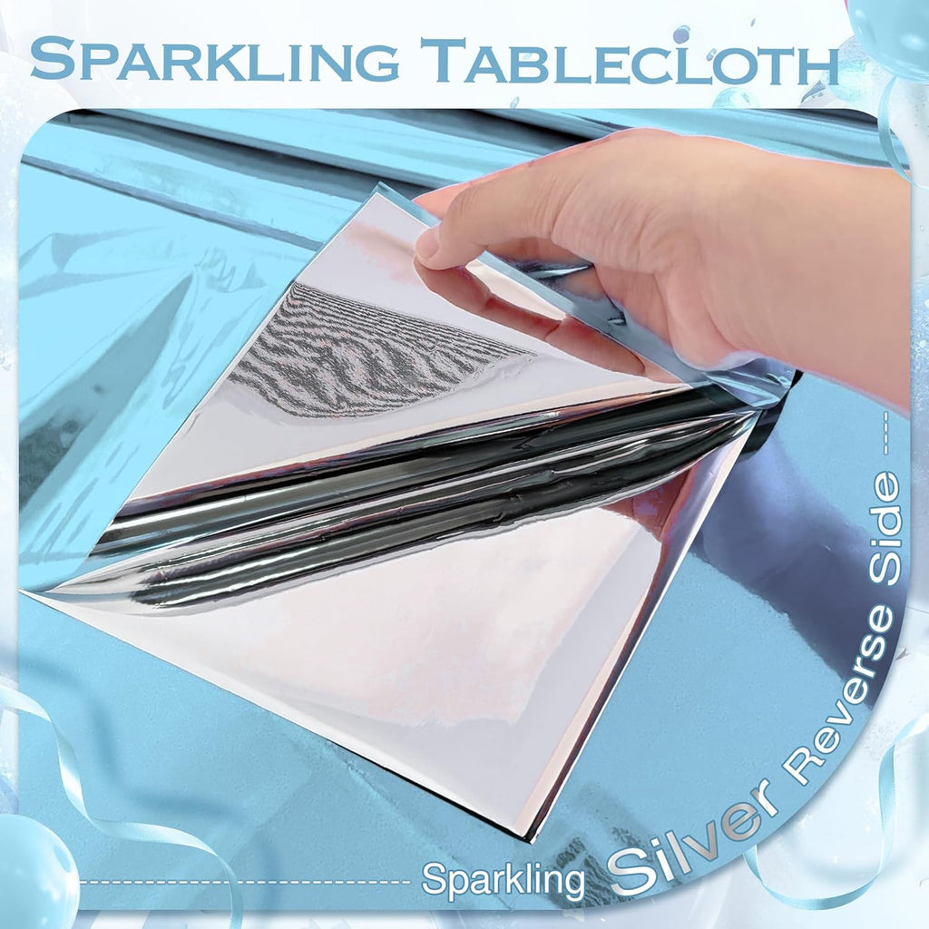 1 Piece Light Blue Foil Tablecloth 54*72Inch Plastic Baby Shower Frozen Birthday Party Table Cloths Disposable Waterproof Table Cover for Winter Christmas Wedding Graduation Party Supplies