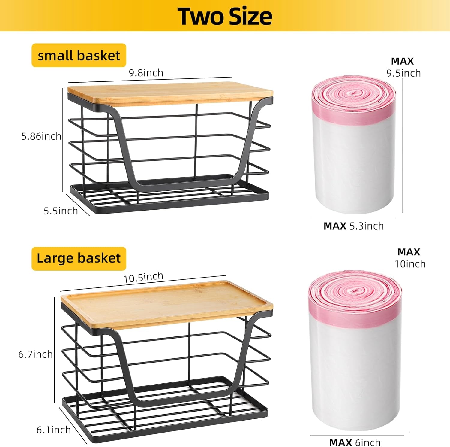 2 Pack Storage Stackable Kitchen Laundry Organizers with Bamboo Top, Large Trash Bag Holder and Small Garbage Bag Dispenser for Countertop Organization