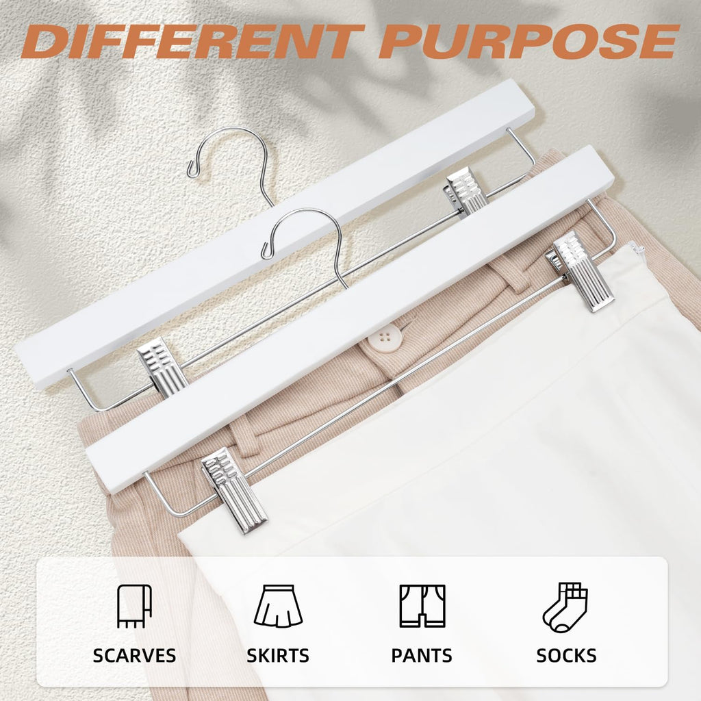 10 Pack Wooden Pants Hangers with Adjustable Clips, 360°Swivel Hook Space Saving Skirt Holders with Anti-Rust Clips for Trousers, Jeans, Shorts (White)