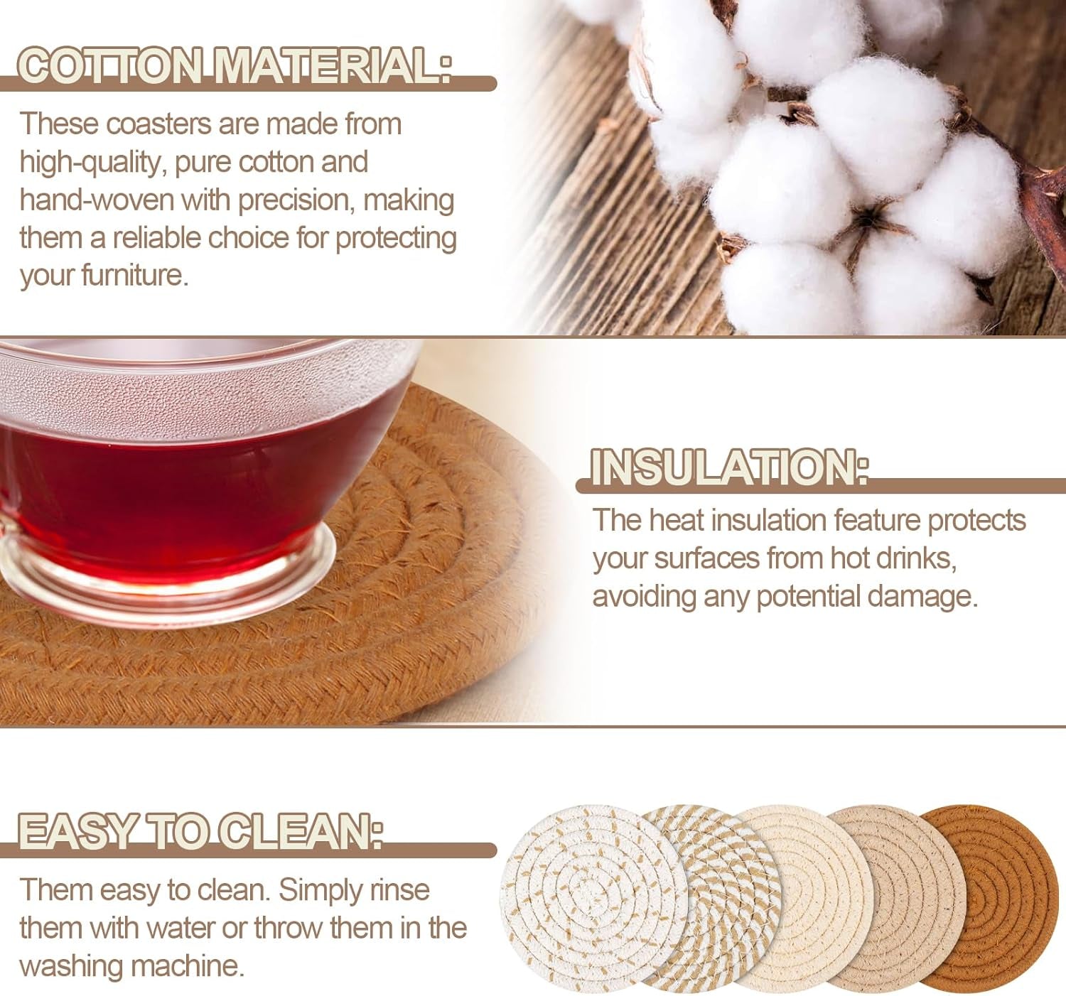 10-Pack Boho Cotton Coasters - Absorbent Drink Coasters, Woven, 4.3" - 10 Colors, Room Decor, Bar, Housewarming Gift