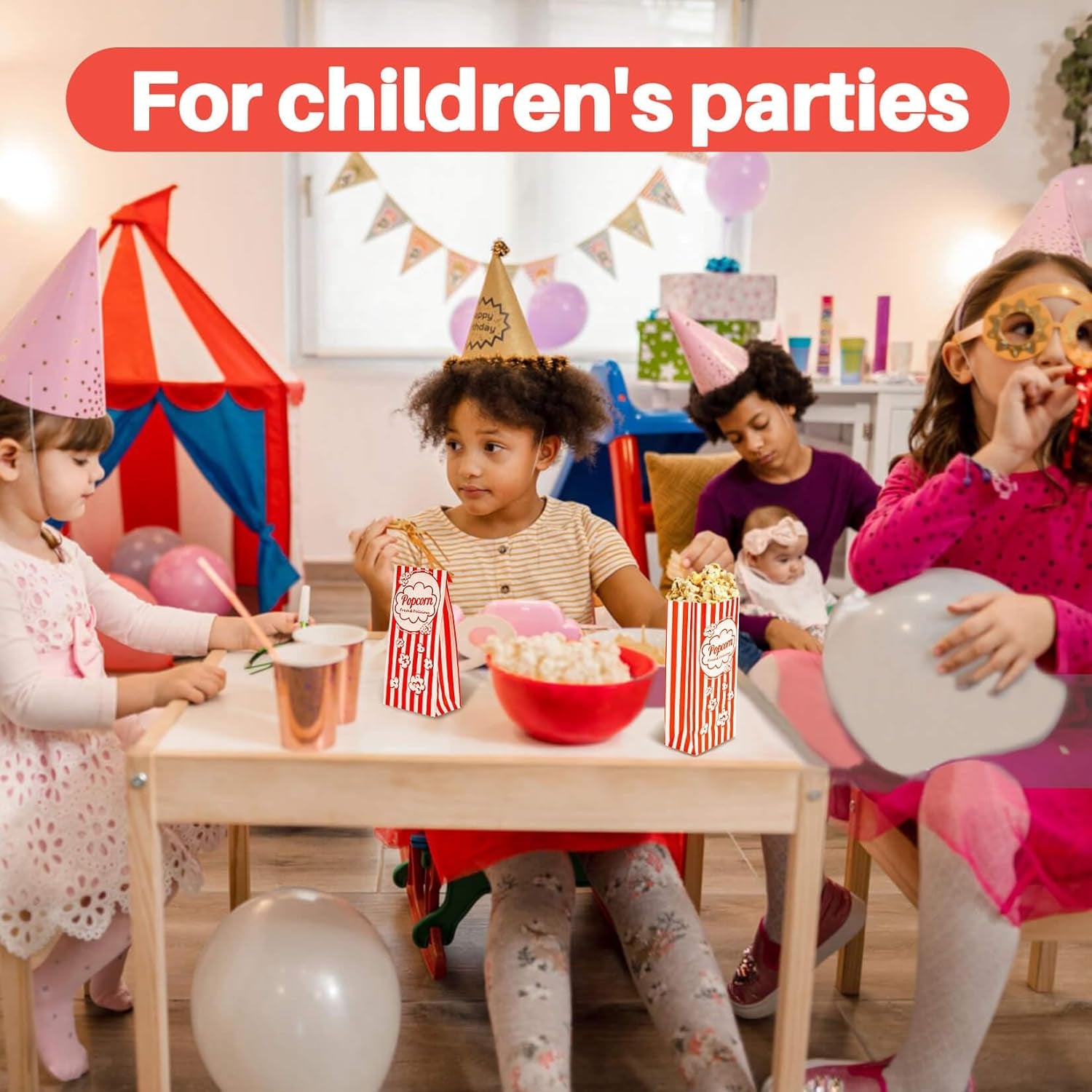 100 Popcorn Bags Flat Bottom - Paper Popcorn Food Bags Individual Servings Party Pop Corn Sleeves Bulk Carnival Halloween Snack Pack Gift Favor Treat Bolsas Para Palomitas Movie Night Supplies