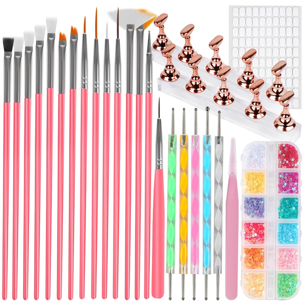 25PCS Nail Art Tools Set, Includes Nail Art Brushes, Nail Stand, Dotting Tools, Striping Liner Fingernail Drawing Pens, Jelly Glue, Tweezers, Sequins, Professional Nail Art Supplies Kit