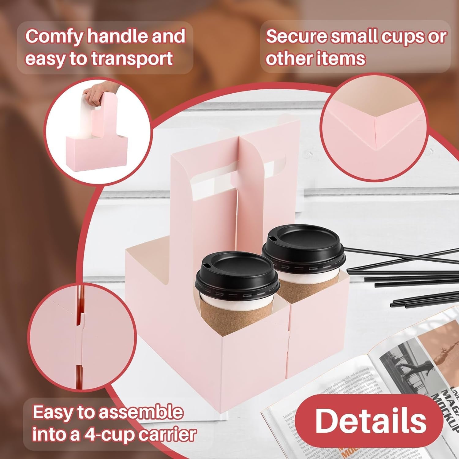 2 Cup Drink Carrier with Handle - 12Pcs Disposable Paper Cardboard Coffee Cup Holder Portable Drink Caddy Cup Carriers Foldable to Go Cup Holder Food Delivery Accessories for Hot/Cold Drinks