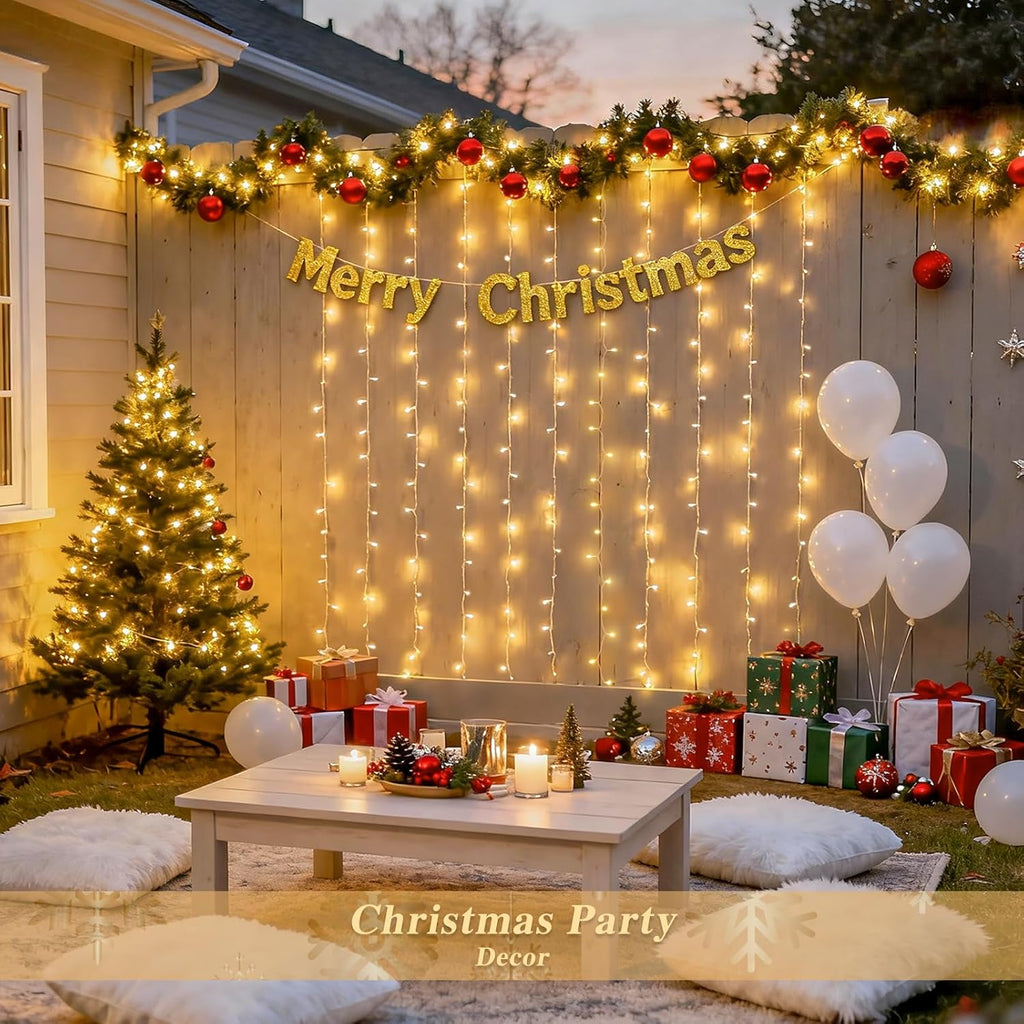 200 LED Christmas Curtain Lights Battery Operated & USB Plug In, 8 Modes Warm White Curtain String Lights for Backdrop Bedroom Classroom Wedding Party Decorations
