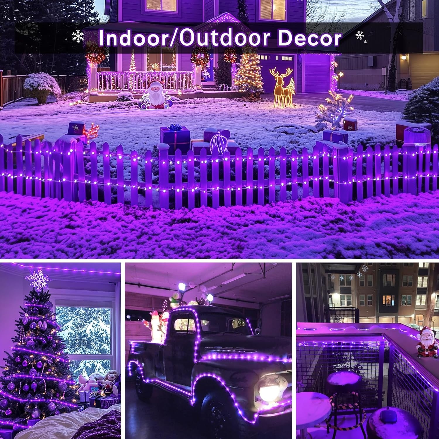 200 LED Purple Solar Christmas Lights, 66 Ft Rope Lights Outdoor Waterproof, PVC Tube Purple Christmas String Lights for Party Tree Fence Christmas