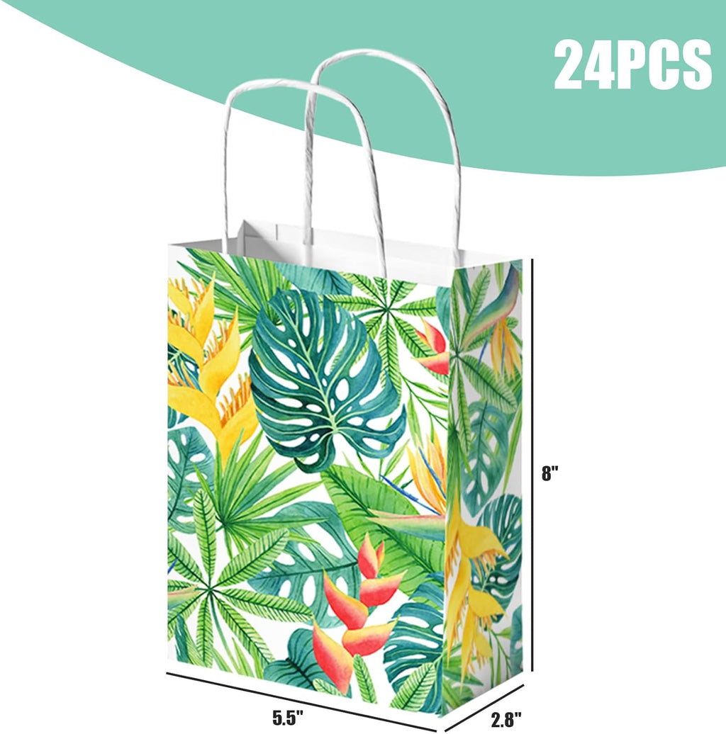 24 Pack Party Favor Bags with Handles, 5.5" X 2.8" X 8" Hawaii Luau Goodie Treat Bags for Aloha Festival Beach Theme Birthdays Pool Parties Bulk Gift Packaging Supplies