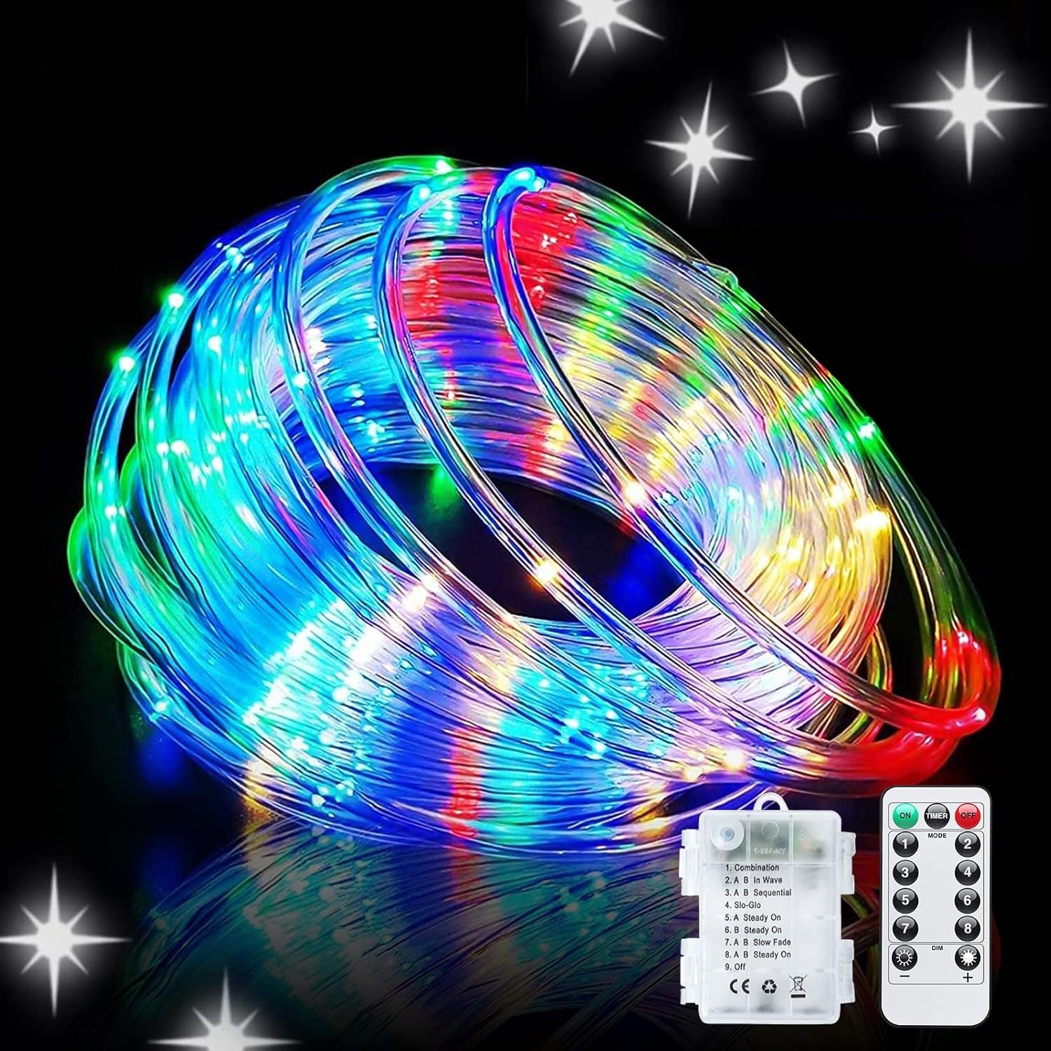 100 LED Christmas Lights Battery Operated Rope Lights Outdoor Waterproof, 33 Ft 8 Modes Battery Powered String Lights with Remote for Car Tree Christmas Decor (Multicolor)