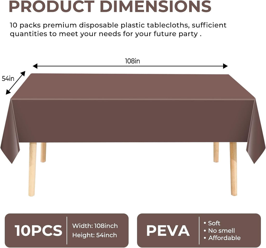 10 Pack Premium Disposable Plastic Tablecloth 54" X 108" Rectangle Table Cover for Birthdays Weddings Christmas Anniversary Buffet Table (Brown)