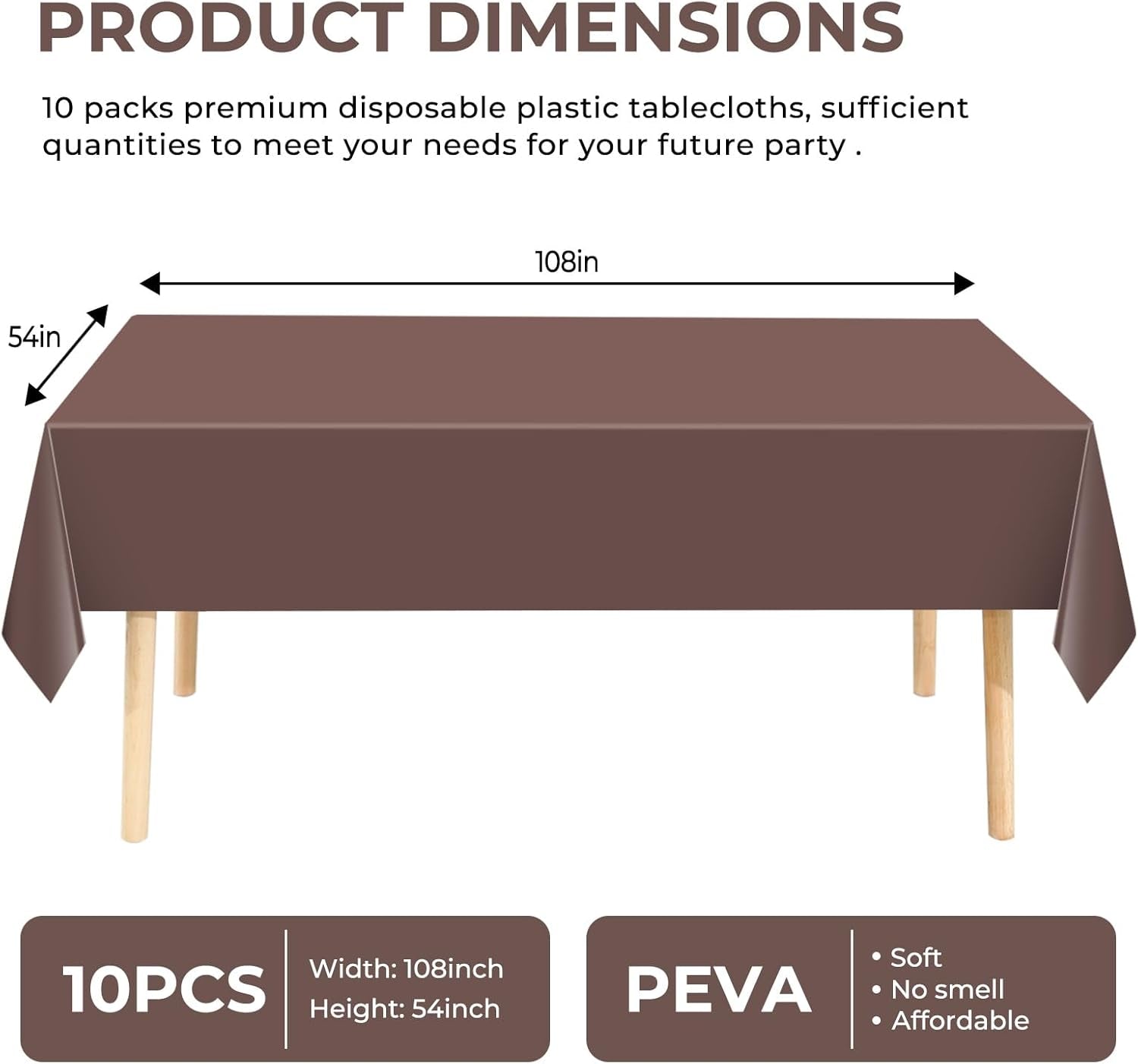 10 Pack Premium Disposable Plastic Tablecloth 54" X 108" Rectangle Table Cover for Birthdays Weddings Christmas Anniversary Buffet Table (Brown)