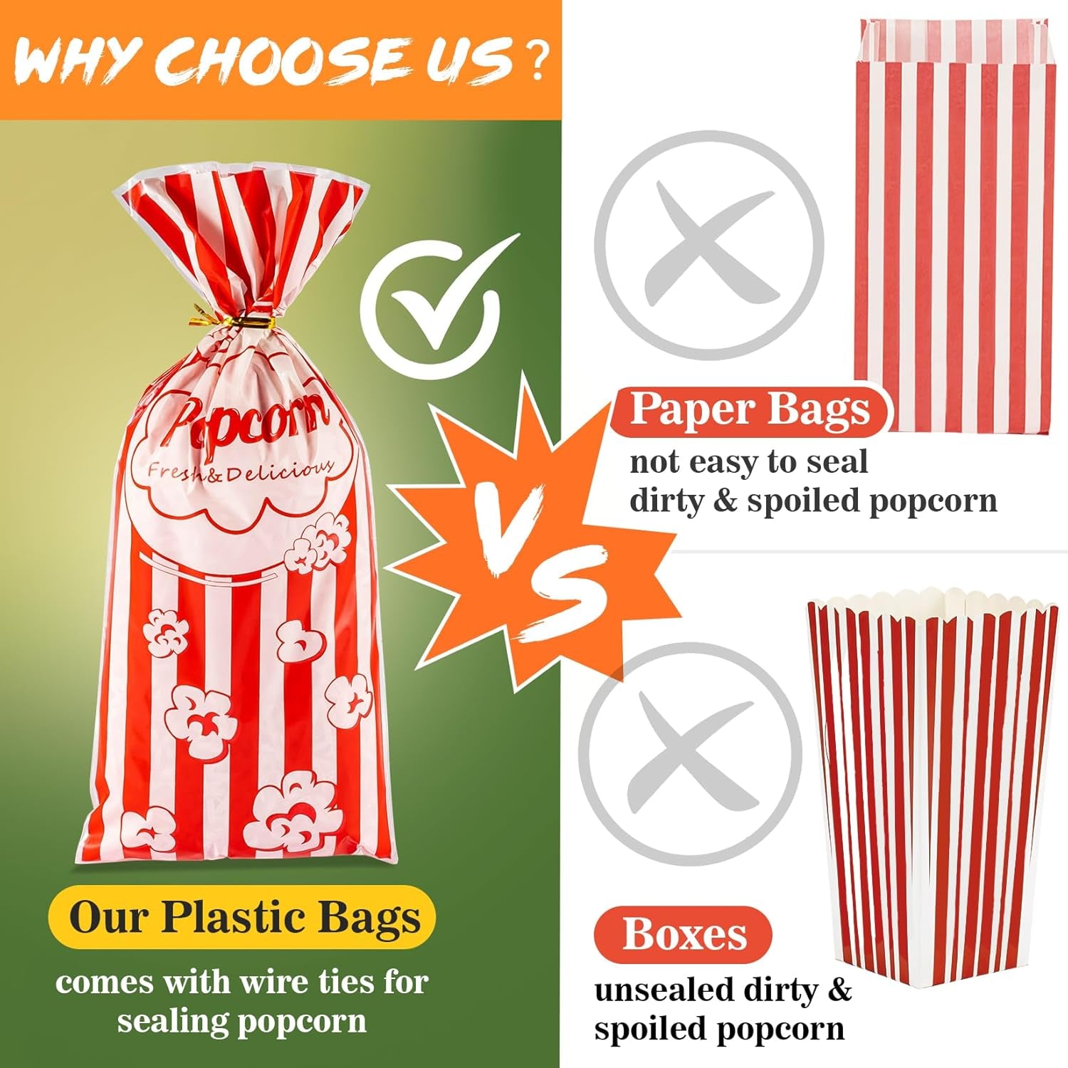 100 Popcorn Bags Individual Servings - Plastic Popcorn Food Bags with Twist Tie Pop Corn Party Sleeves Bulk Bar Snack Containers Nostalgia Gift Packs Carnival Halloween Christmas Movie Night Supplies