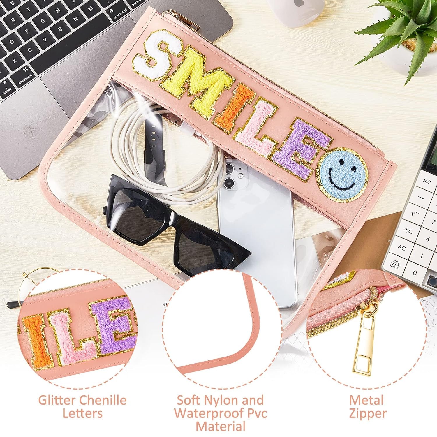 3 Pcs Chenille Letter Zipper Pouch for Travel Clear Snack Bags Waterproof Cosmetic Pouch Nylon Gym Beach Multipurpose Makeup Bag for Women Girl(Happy, Glam, Smile,Bright Color)