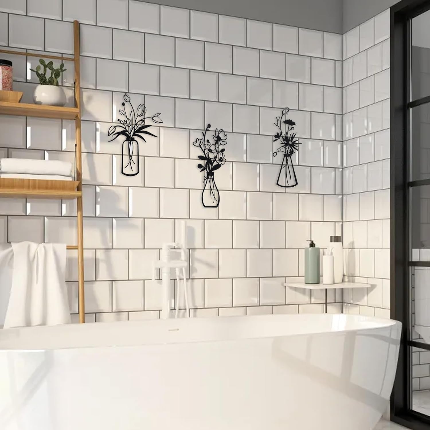 3 Pieces Black Metal Flower Wall Decor Minimalist Vases Rustic Farmhouse Hanging Art for Living Room, Dining Room, Kitchen, Bedroom, Bathroom