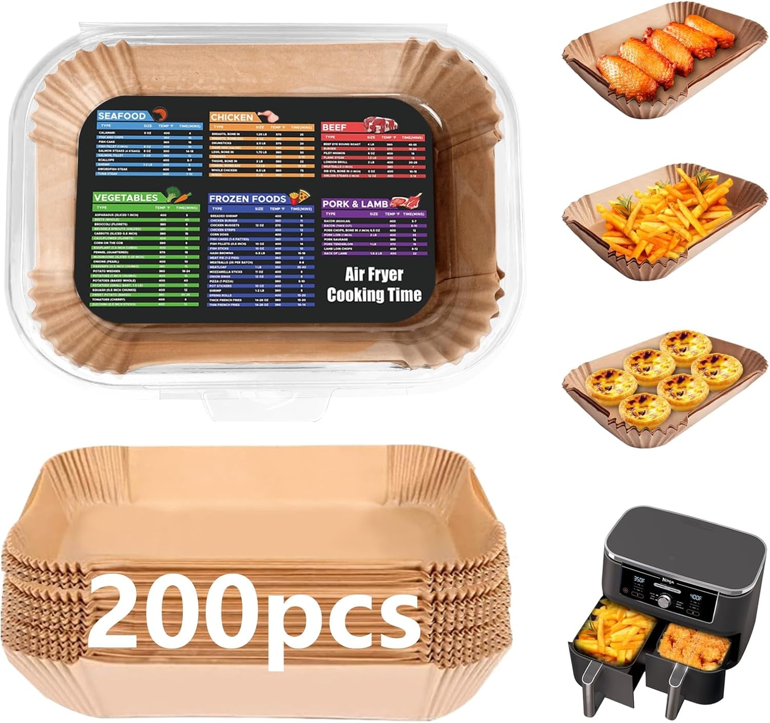 200PCS Air Fryer Liners for Ninja: Higher Non-Stick Disposable Parchment Paper Liner for Ninja DZ201/DZ401 Dual Airfryer Baking - Food Grade Ninja Air Fryer Accessories (Rectangle - 8.6 X 5.5 Inch)