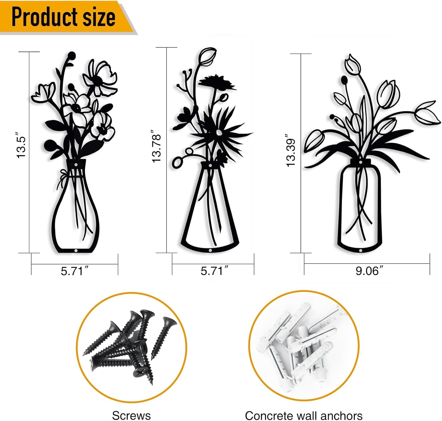 3 Pieces Black Metal Flower Wall Decor Minimalist Vases Rustic Farmhouse Hanging Art for Living Room, Dining Room, Kitchen, Bedroom, Bathroom