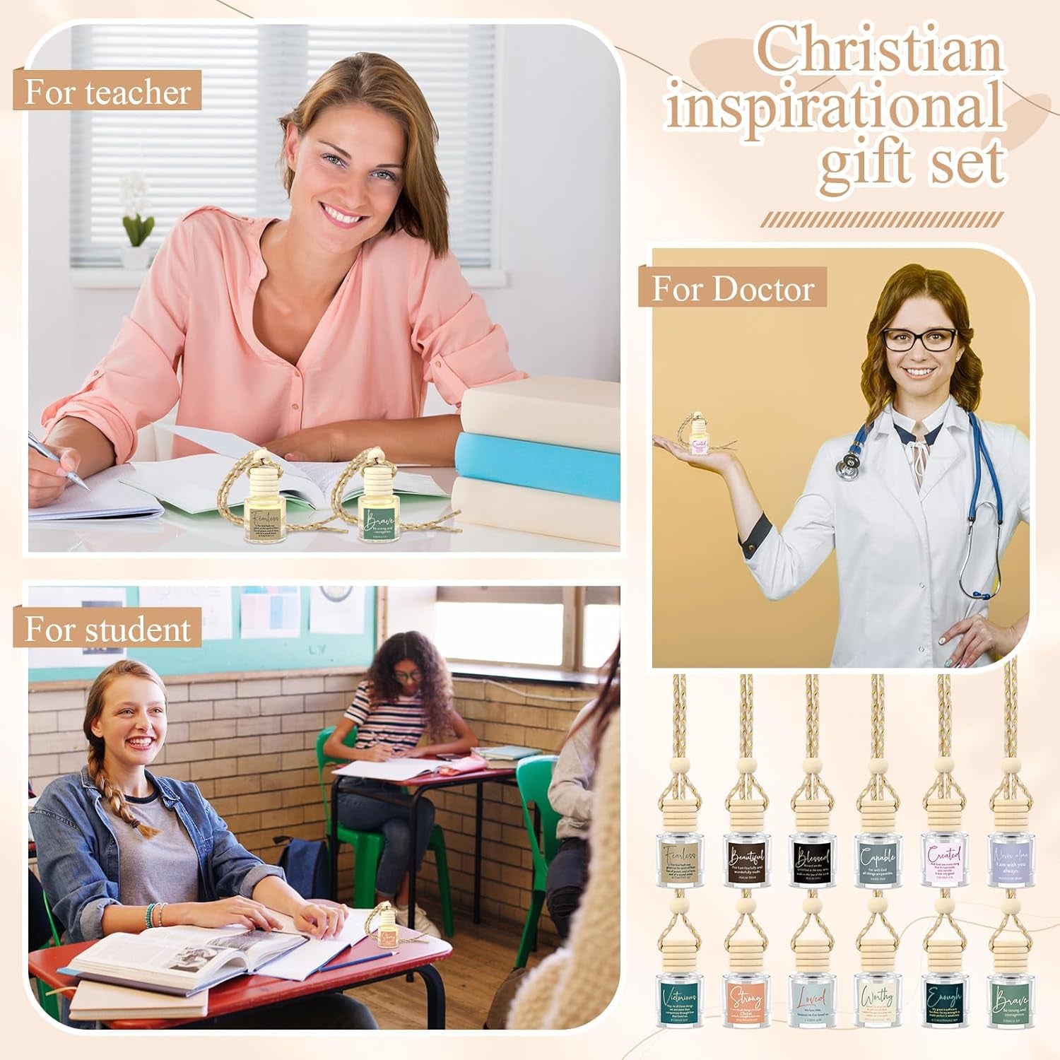 24 Set Christian Gift Bulk Church Empty Hanging Car Air Freshener Diffuser Bottles 8Ml for Essential Oils Religious Biblical Gifts Christmas Employee Favors for Women Men