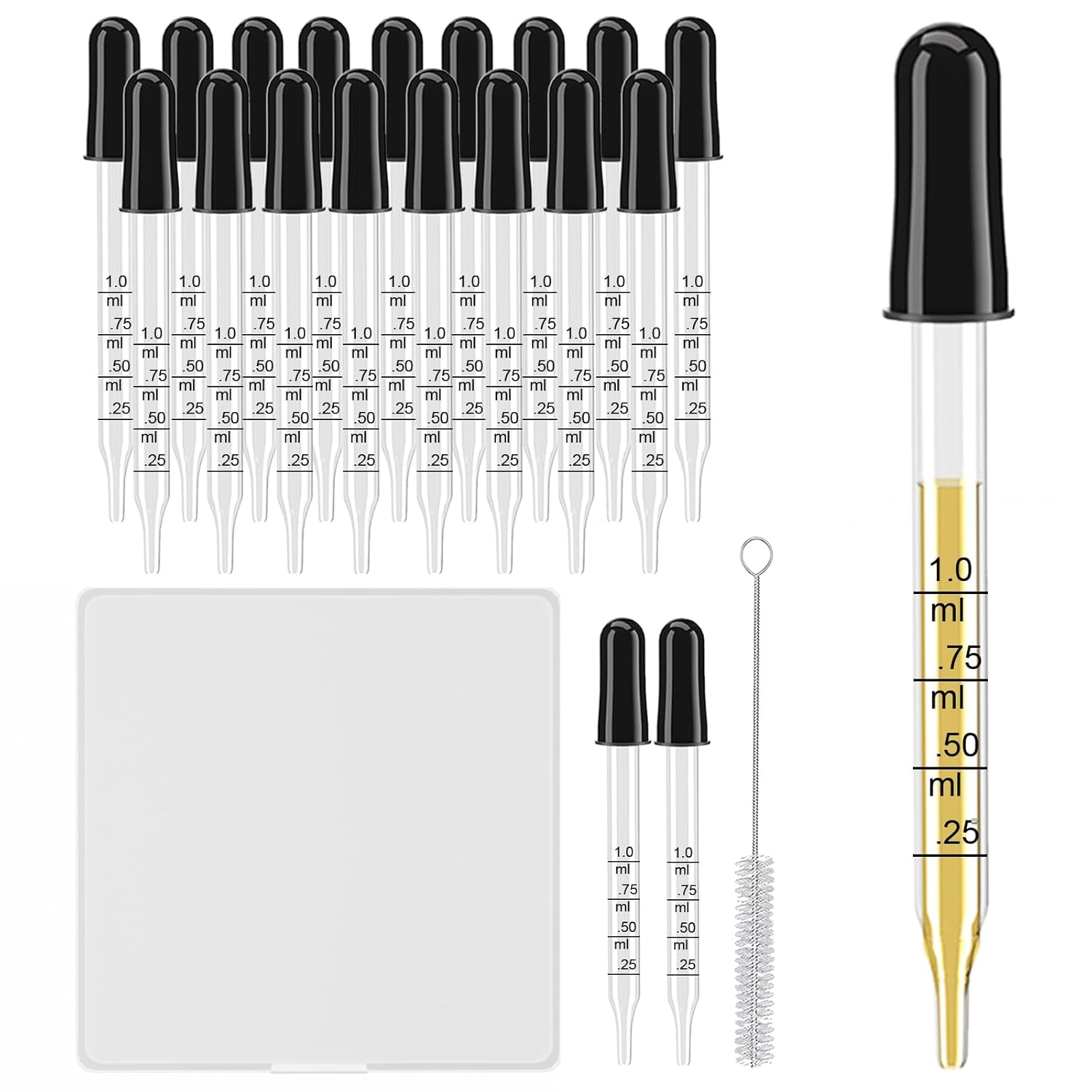 20Pcs Eye Droppers with Storage Case, Glass Pipette Dropper with Cleaning Brush for Essential Oil, Medicine, Crafts, Accurately 1Ml Pipette for Mixing Paints, Lab Use, Animal Feeding, Ear&Eye Drops