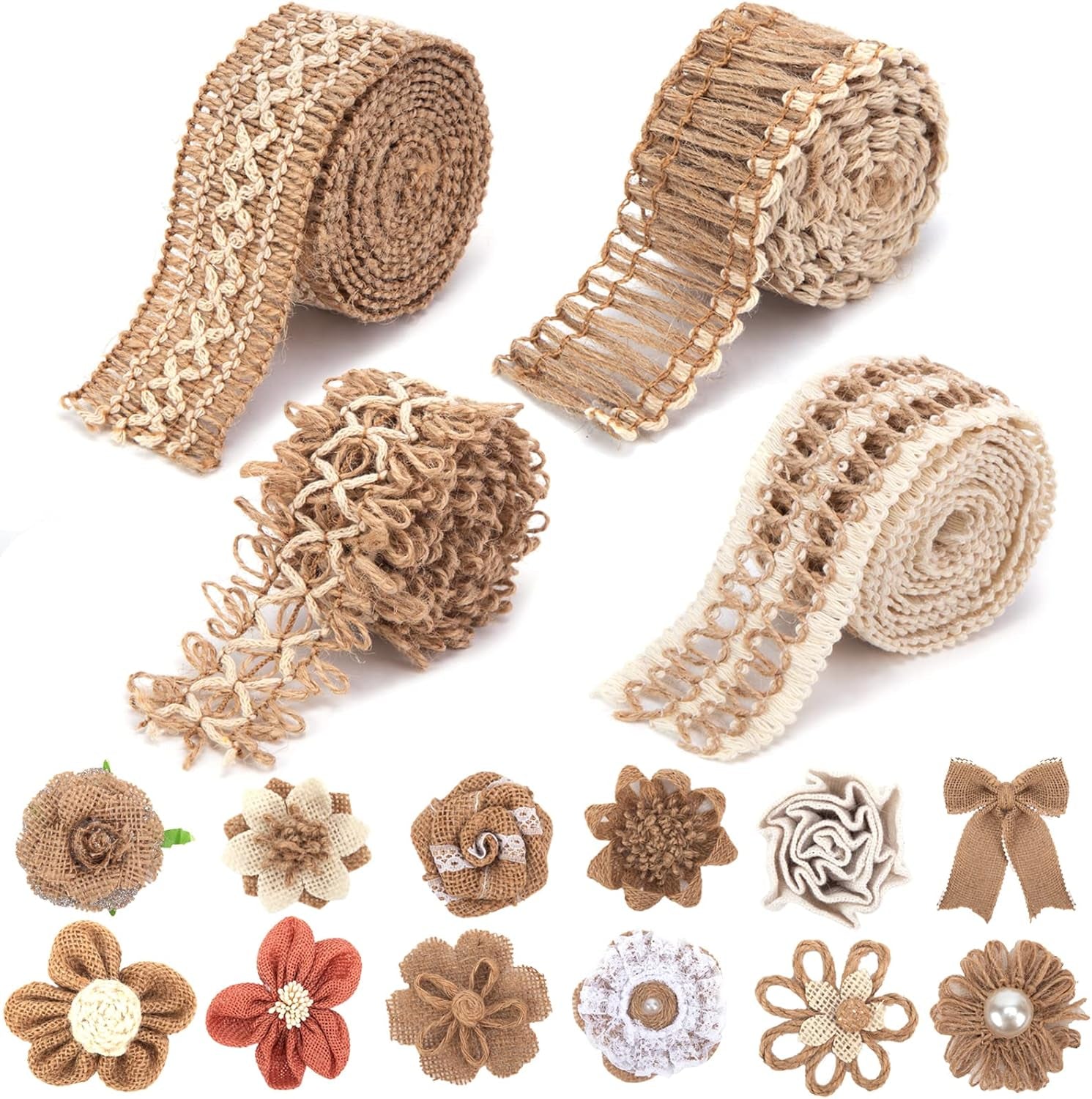 16 PCS Natural Burlap Flowers Set, Including 12 PCS Handmade Lace Burlap Flowers and Bowknots, 4 Rolls Burlap Ribbon for Christmas Birthday Party Wedding Home Embellishment DIY Crafts