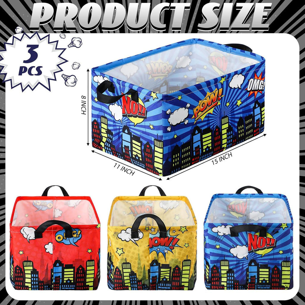 3 Pack Comic Book Storage Hero Themed Basket Large Gifts for Laundry Hamper Basket for Kids Room Nursery Collapsible Toy Clothes Storage Collection Bin(City,Rectangle)