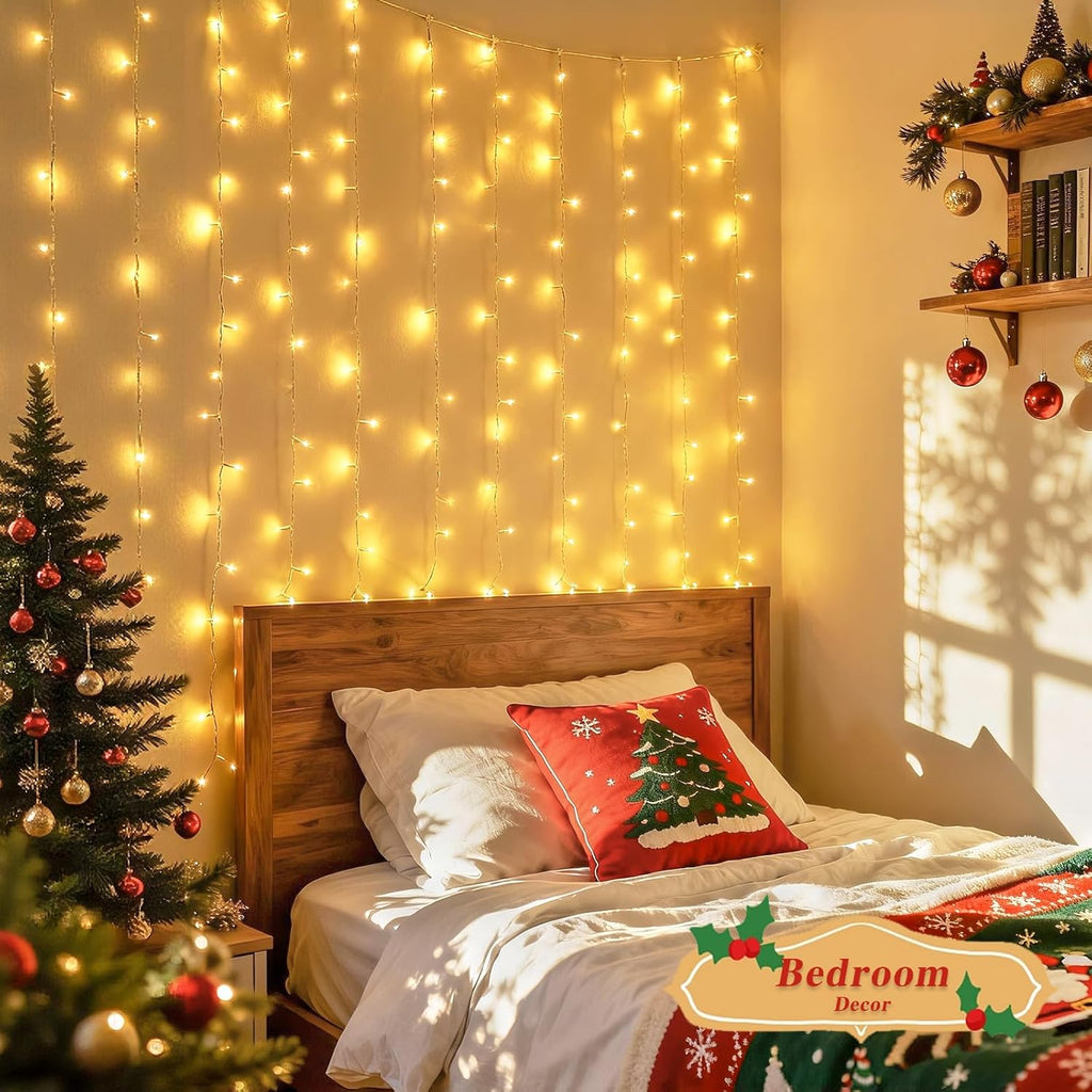 200 LED Christmas Curtain Lights Battery Operated & USB Plug In, 8 Modes Warm White Curtain String Lights for Backdrop Bedroom Classroom Wedding Party Decorations
