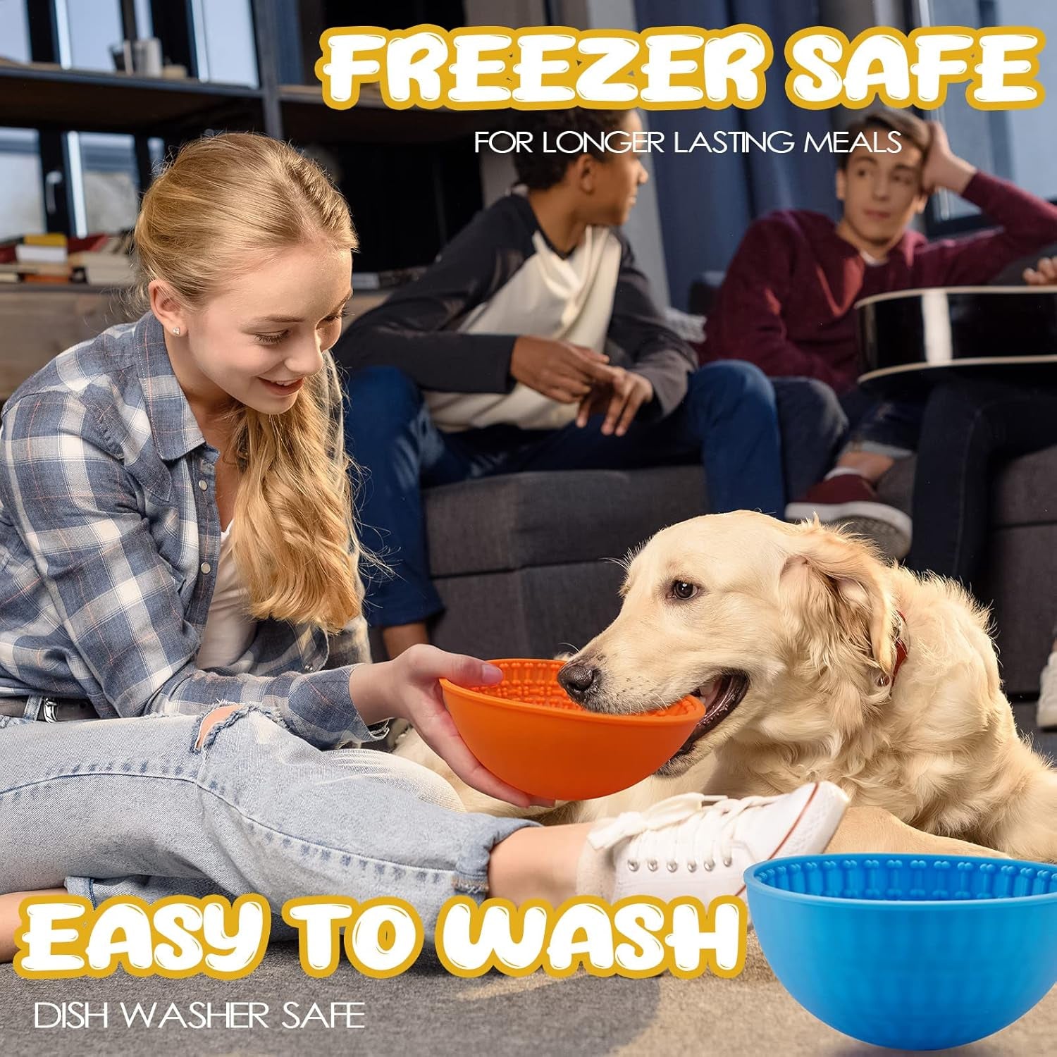 2 Pcs Dog Enrichment Lick Bowls Silicone Freeze Bowls Interactive Cat Licking Mats Slow Feeders for Pet Oral Health Boredom Anxiety Relief, Wobble or Stay Put(Blue, Orange,Bone)