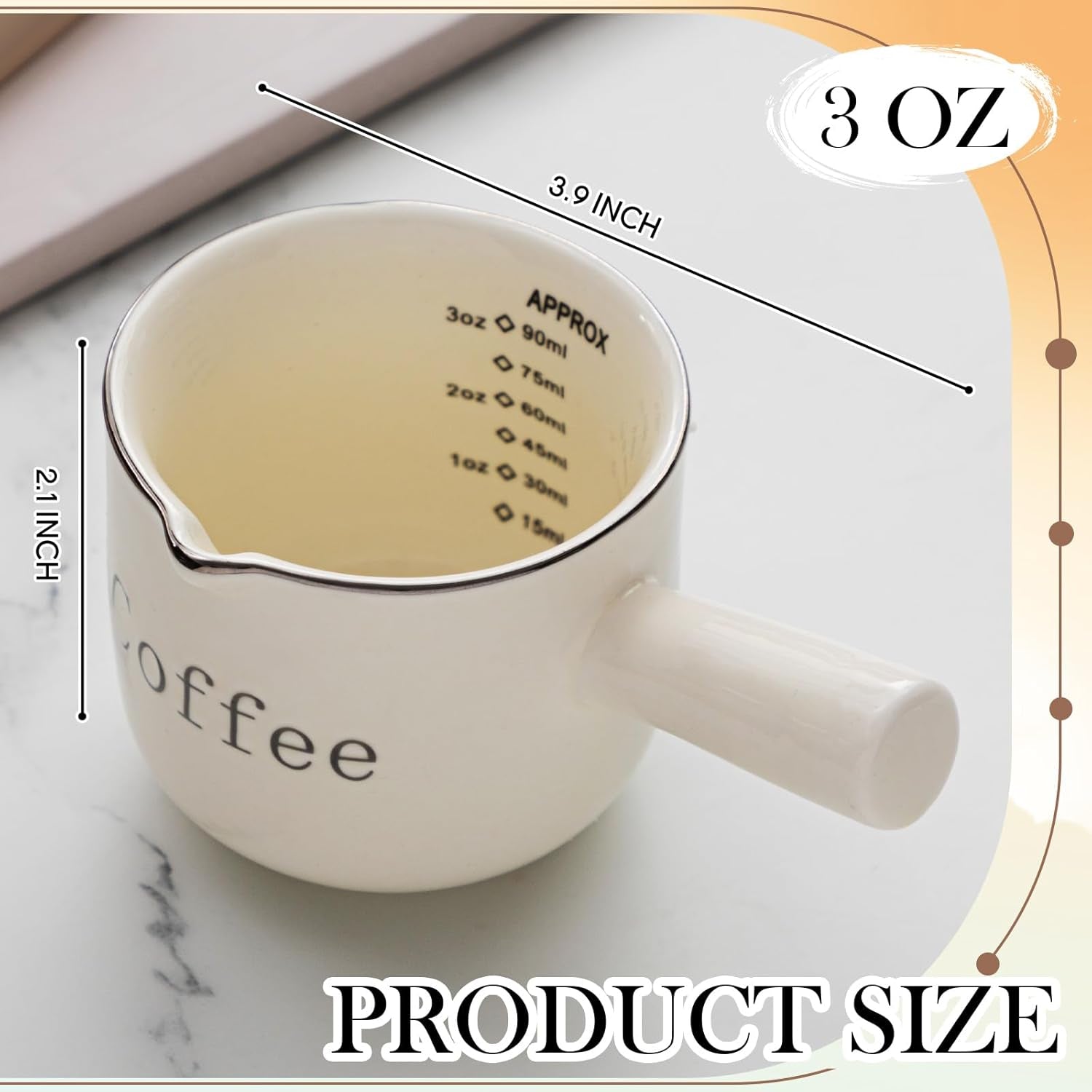 1 Pack Espresso Shot Cups,Ceramic Expresso Measuring Cup with Handle and V-Shaped Mouth,3Oz / 90Ml,Easy to Wash and See the Volume,White,For Coffee Making Frothing Accessories