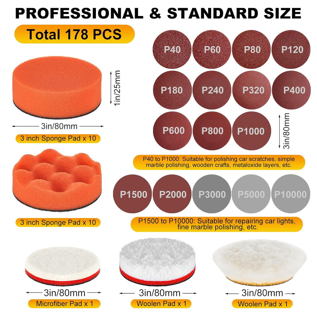 178 Pcs Car Sanding Kit Drill Polisher Attachments Angle Grinder Discs Foam Polishing Pad 3 Inch Buffing Pads Backing Adapter Sandpapers for Car Wood Glass Metal Resin Epoxy, Disc Grit 40-10000