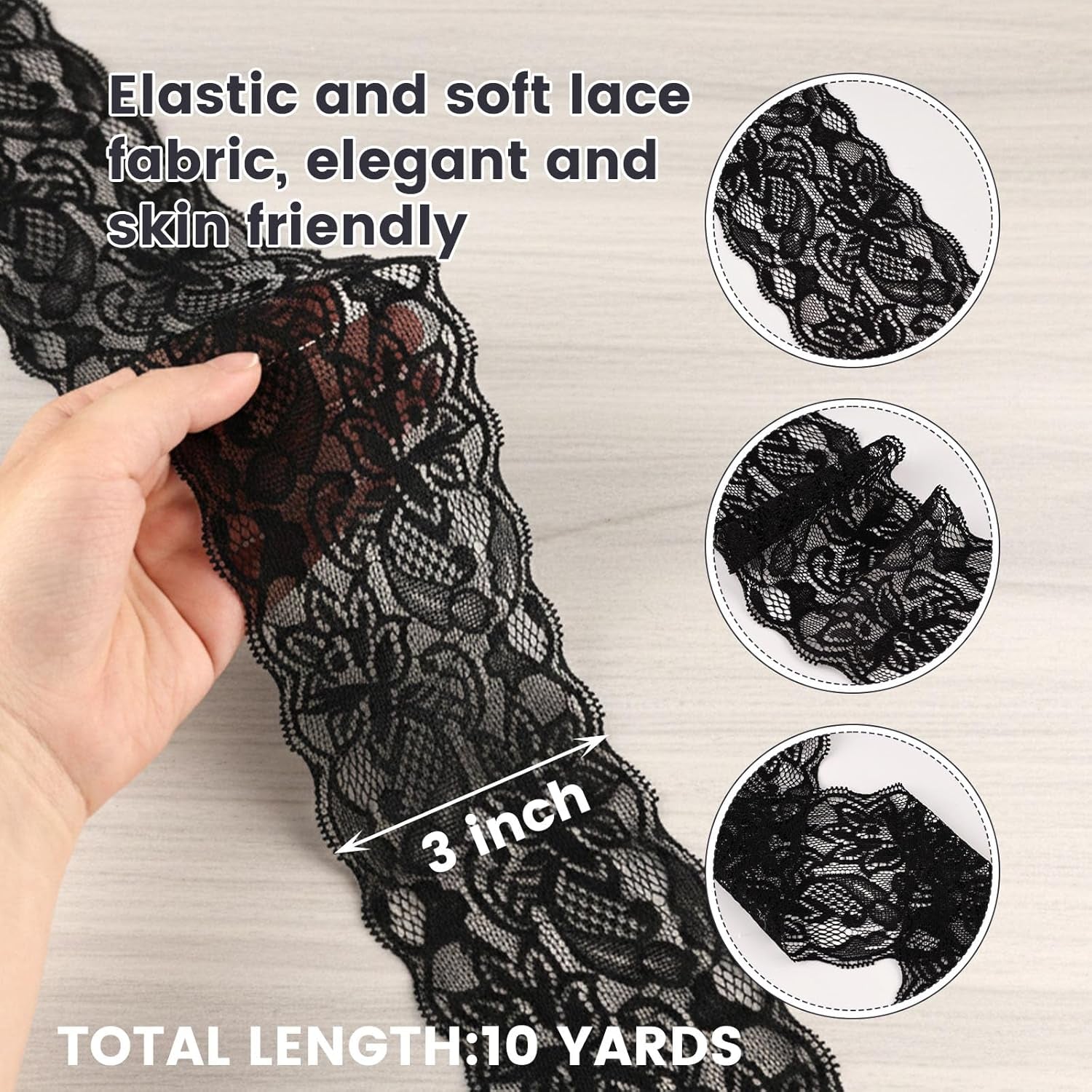 3 Inch Black Lace Ribbon, 10 Yards Wide Lace Trim for Sewing Elastic Floral by Roll for Bridal Wedding Decoration DIY Sewing Craft Gift Wrapping Supply