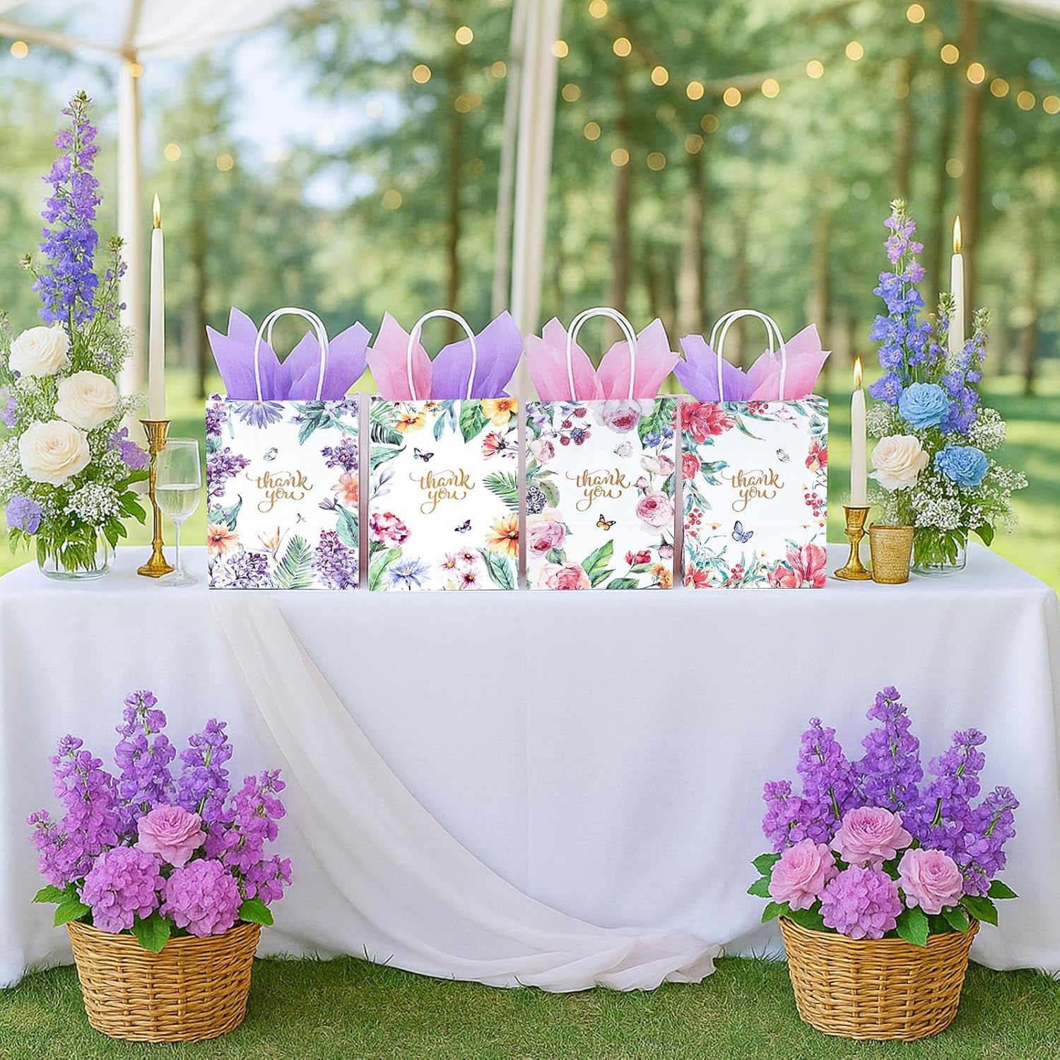 24 Pack Thank You Gift Bags, 5.5X8X2.8 Inch Small Return Gift Bags with Handles Floral Design for Business, Baby Showers, Weddings, Boutique