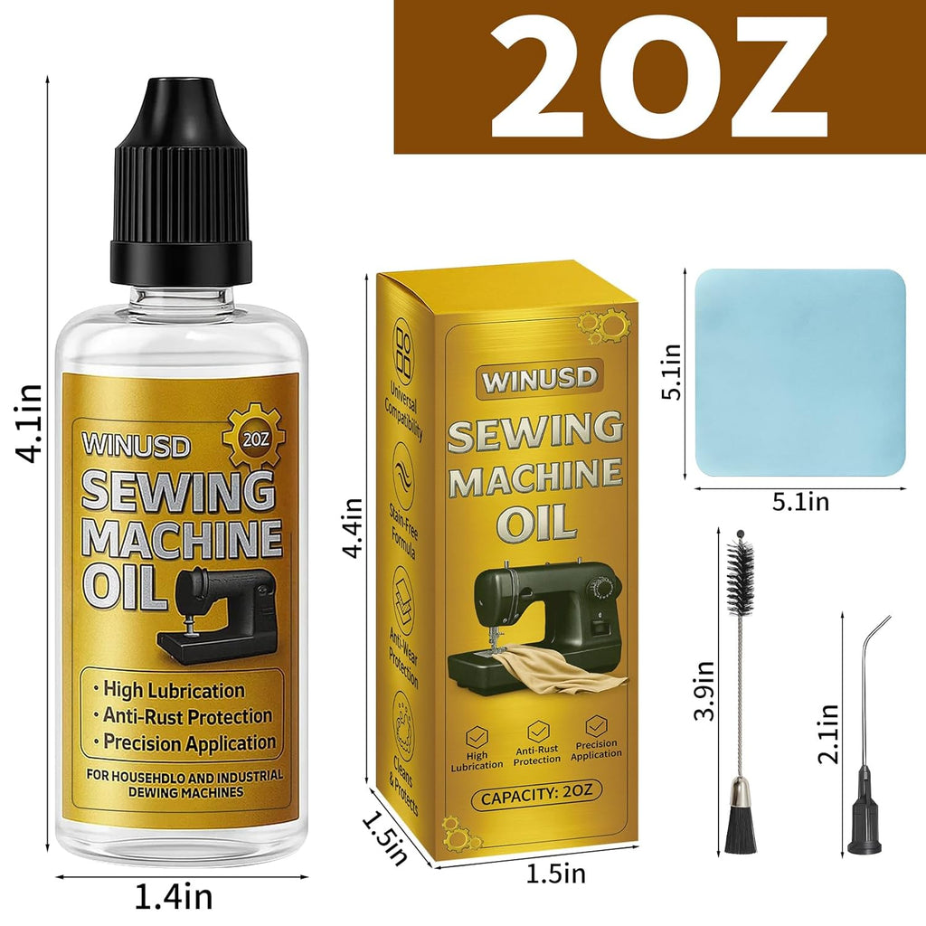 2OZ Sewing Machine Oil, 4Pcs Sewing Machine Accessories Lubricant Kit for Moving Parts of Manual or Electric Sewing Machines with Needle Tip, Double Head Brush and Towel, Clear Light Machine Oil