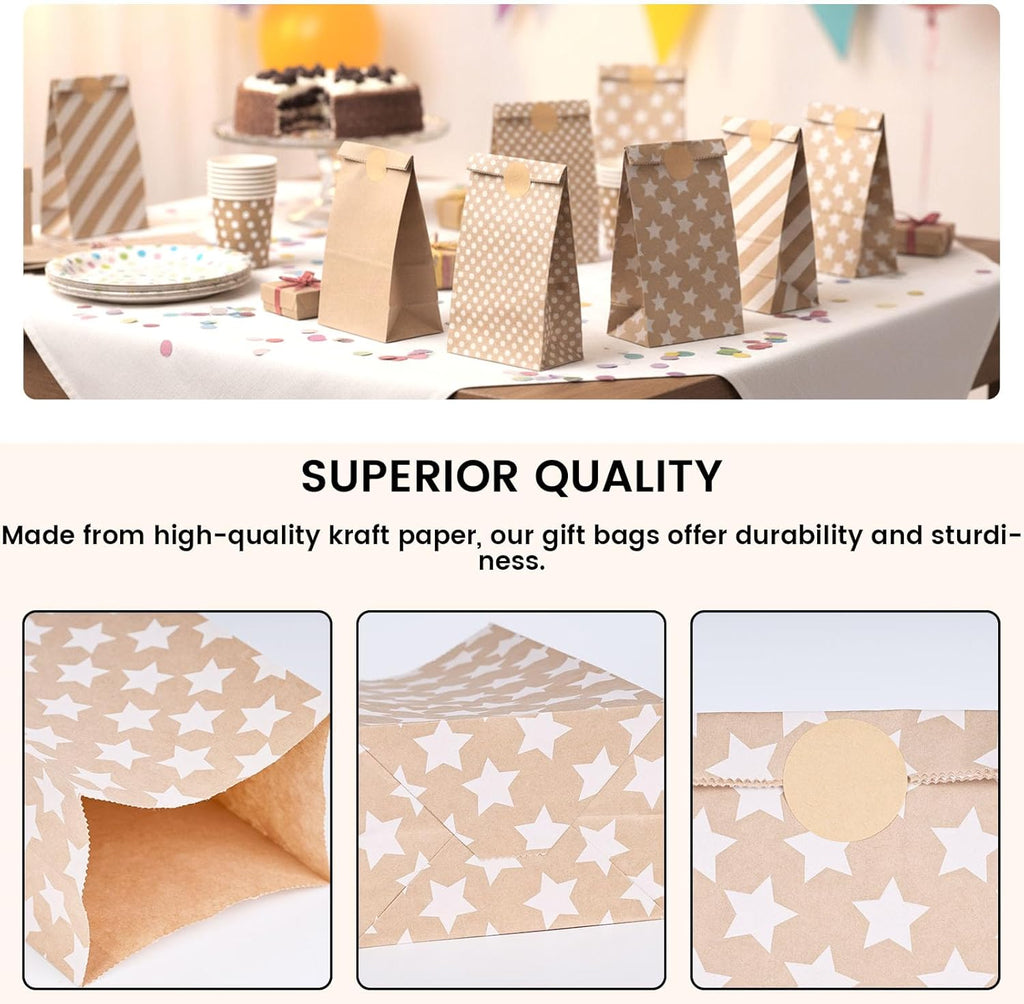 24 Pack Kraft Paper Bags with Stickers, 4 Styles Party Favor Bags for Christmas, Weddings, Birthdays, Retail, Lunch Treats