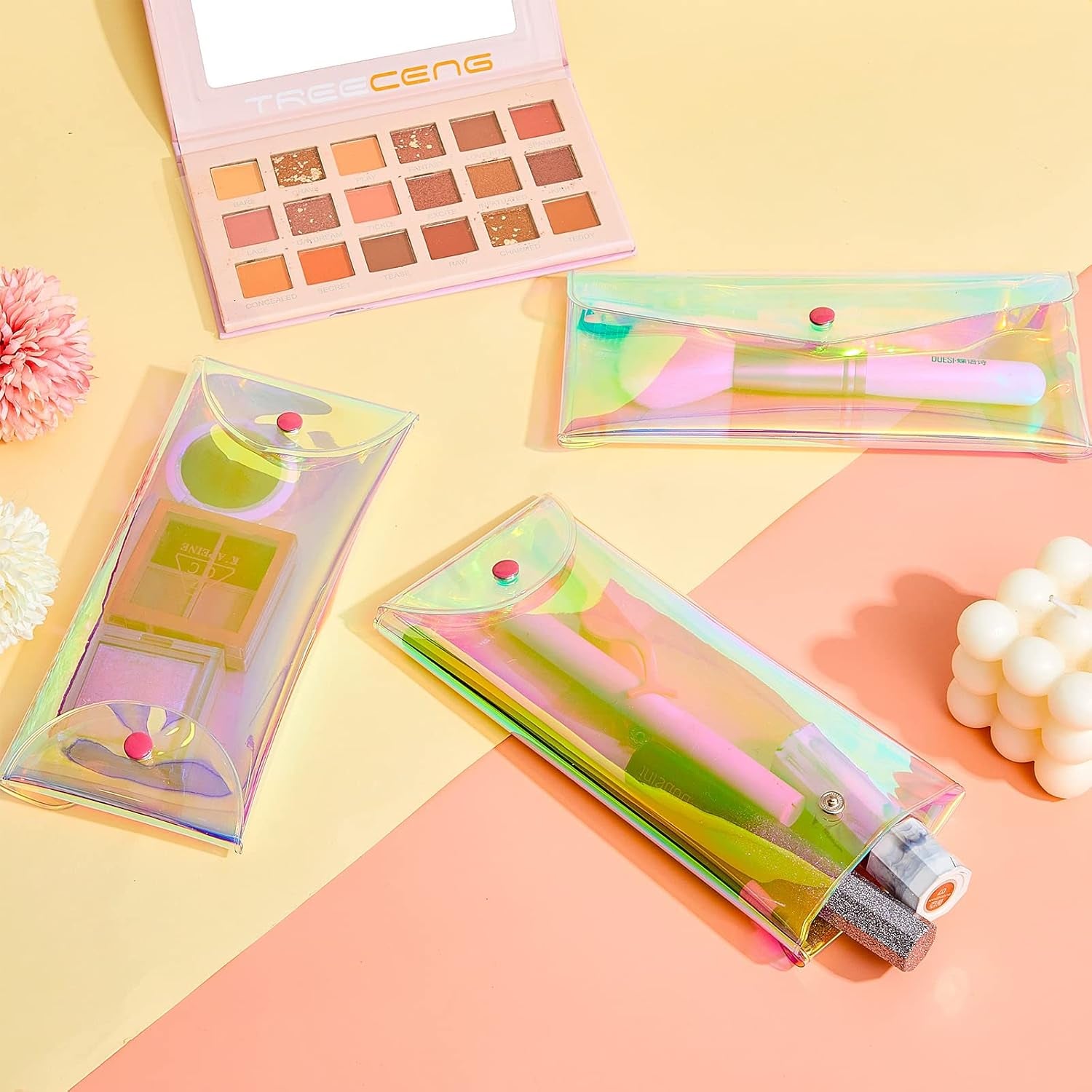 3 Pcs Holographic Makeup Bag Iridescent Pencil Pouch Clear Transparent Small Iridescent Waterproof Cosmetic Bag Make up Envelop Organizer Case Travel Clear Coin Purse for Women(Medium)