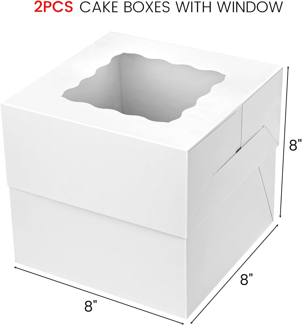 2PCS Cake Boxes with Window, 8 X 8 X 8 Inches White Bakery Boxes Square Cardboard Cake Containers for Birthday Party Wedding…