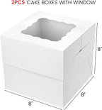 2PCS Cake Boxes with Window, 8 X 8 X 8 Inches White Bakery Boxes Square Cardboard Cake Containers for Birthday Party Wedding…