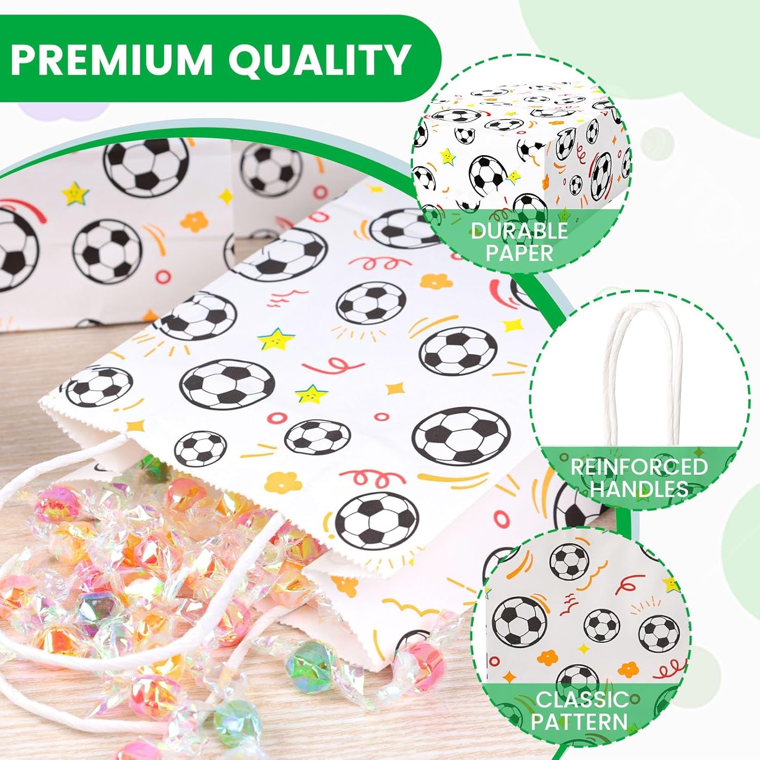 16 Pack Soccer Goodie Bags, 5.5"X2.8"X8" Party Favor Bags with Handles for Kids Birthdays, Sports Theme Decorations, Gift Giving Bulk Supplies