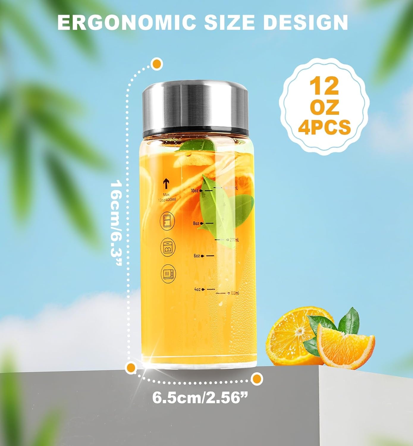 12 Oz Glass Bottles with Lids, 4 Pack Glass Juice Bottles, Reusable Water Bottle for Juicing, Stainless Steel Lids Juicer Bottles, Leakproof, BPA Free