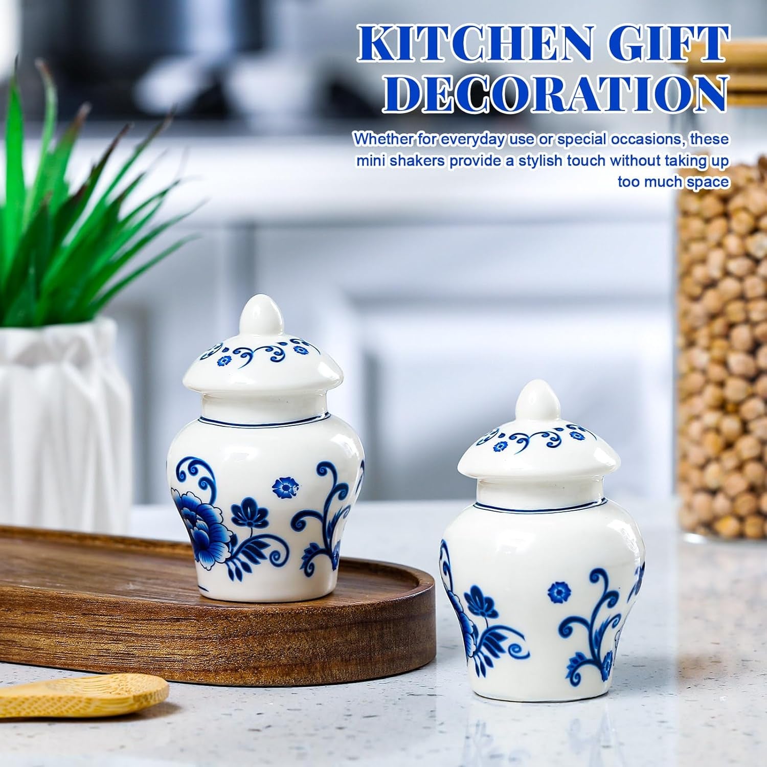 2 Pack Chinoiserie Salt and Pepper Shakers Vintage 3 Inch Mini Blue and White Ginger Jar for Kitchen Restaurant Gifts Decoration