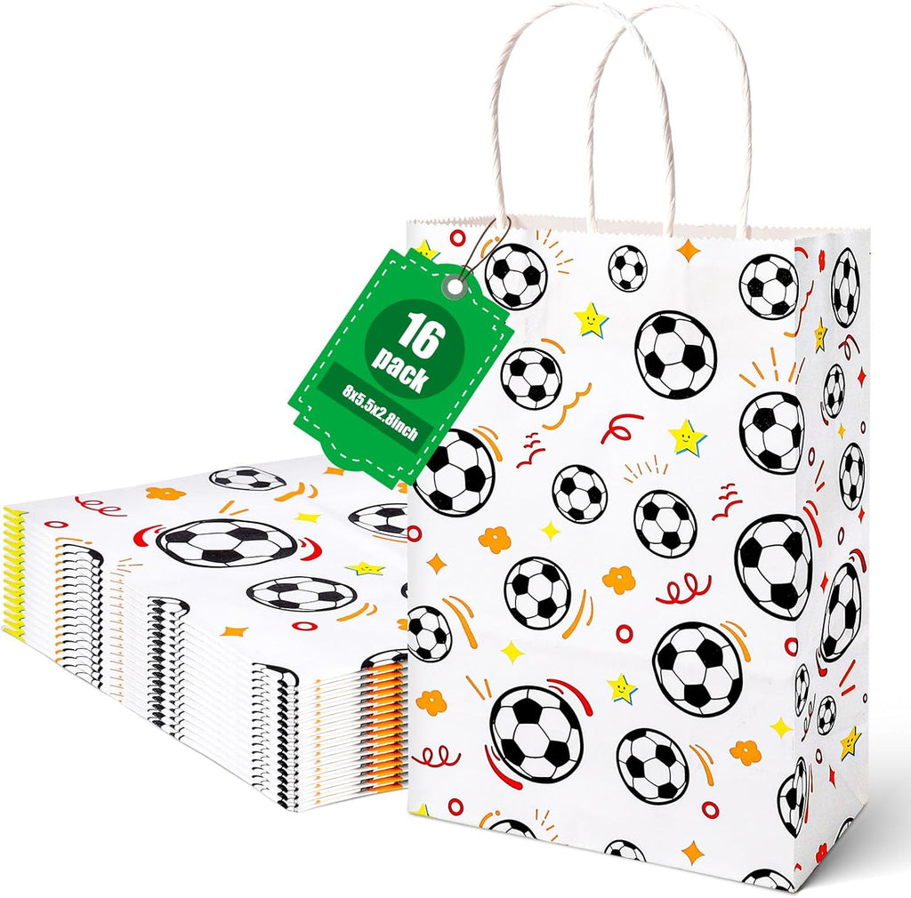 16 Pack Soccer Goodie Bags, 5.5"X2.8"X8" Party Favor Bags with Handles for Kids Birthdays, Sports Theme Decorations, Gift Giving Bulk Supplies