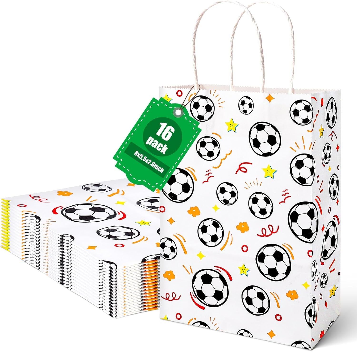 16 Pack Soccer Goodie Bags, 5.5"X2.8"X8" Party Favor Bags with Handles for Kids Birthdays, Sports Theme Decorations, Gift Giving Bulk Supplies